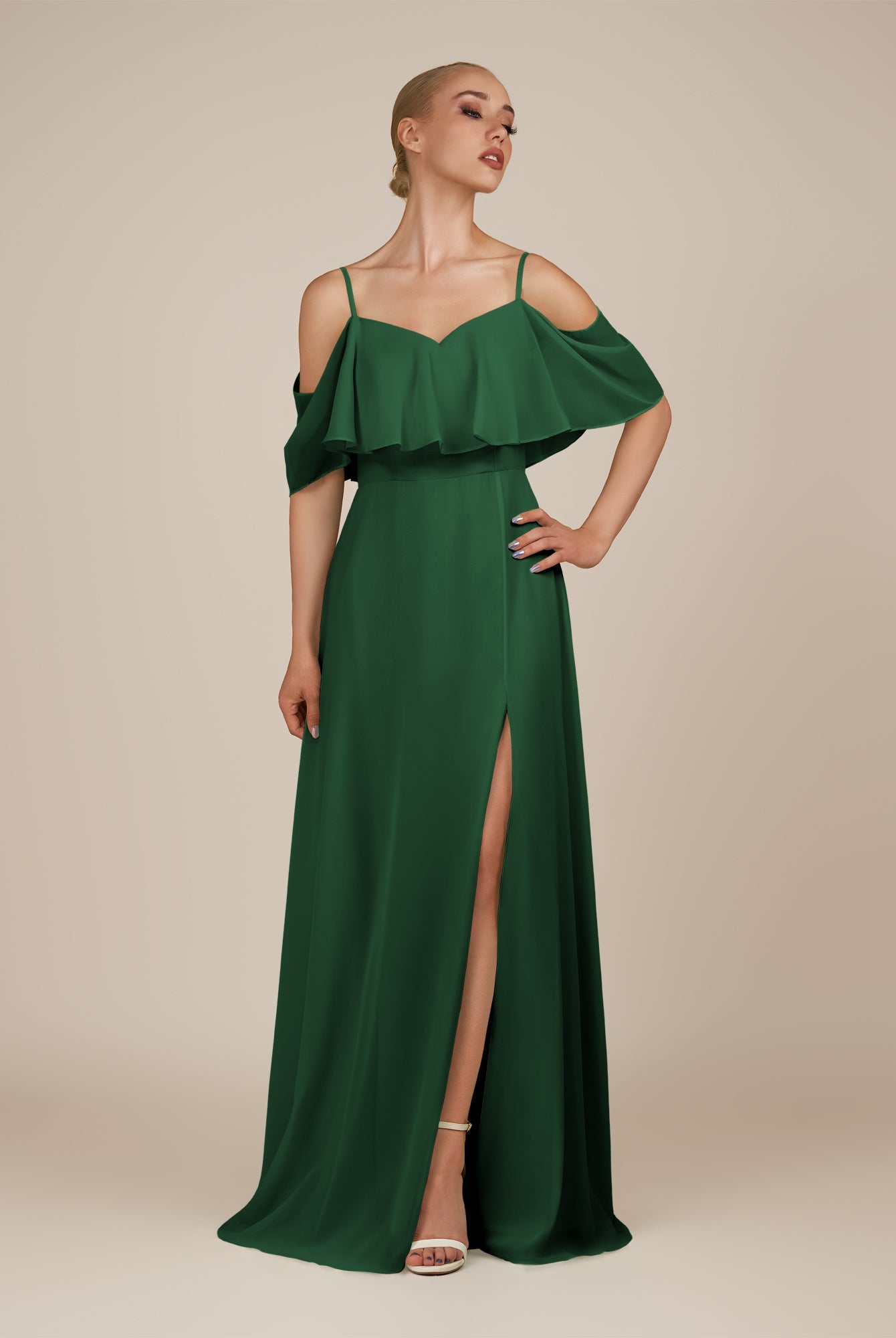 KissDress-Eira Dark Green A Line Chiffon Off the Shoulder Ruffled Overlay Long Bridesmaid Dress with Slit