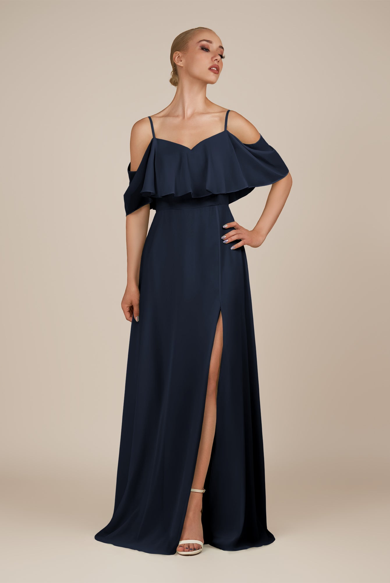 KissDress-Eira Dark Navy A Line Chiffon Off the Shoulder Ruffled Overlay Long Bridesmaid Dress with Slit
