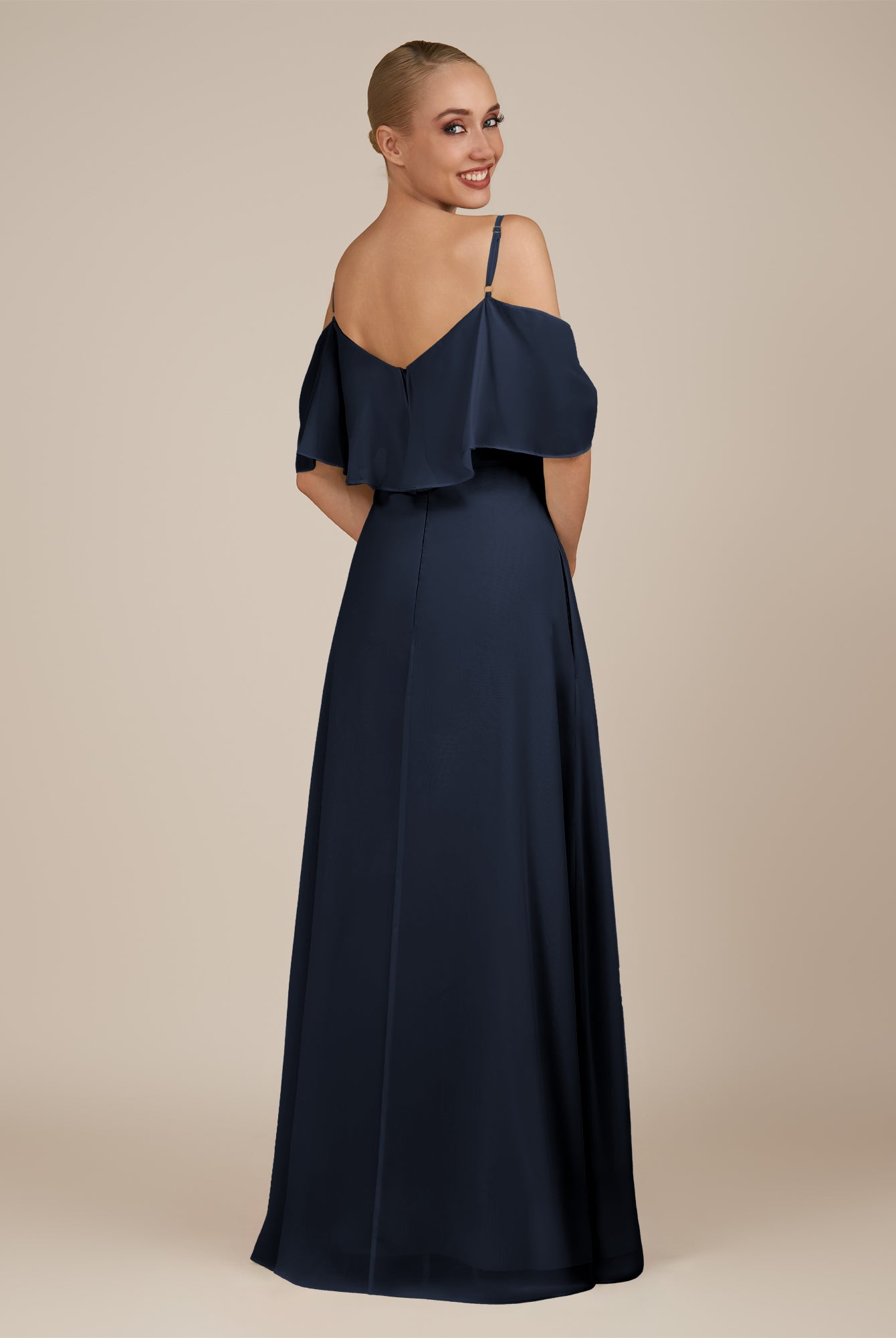 KissDress-Eira Dark Navy A Line Chiffon Off the Shoulder Ruffled Overlay Long Bridesmaid Dress with Slit