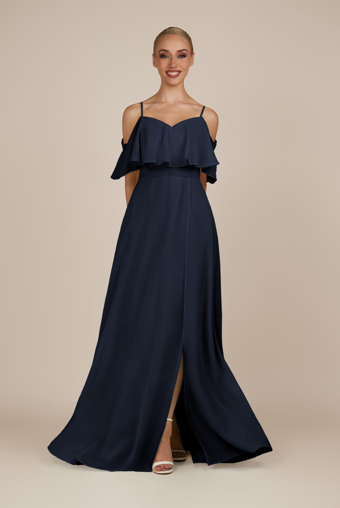 KissDress-Eira Dark Navy A Line Chiffon Off the Shoulder Ruffled Overlay Long Bridesmaid Dress with Slit