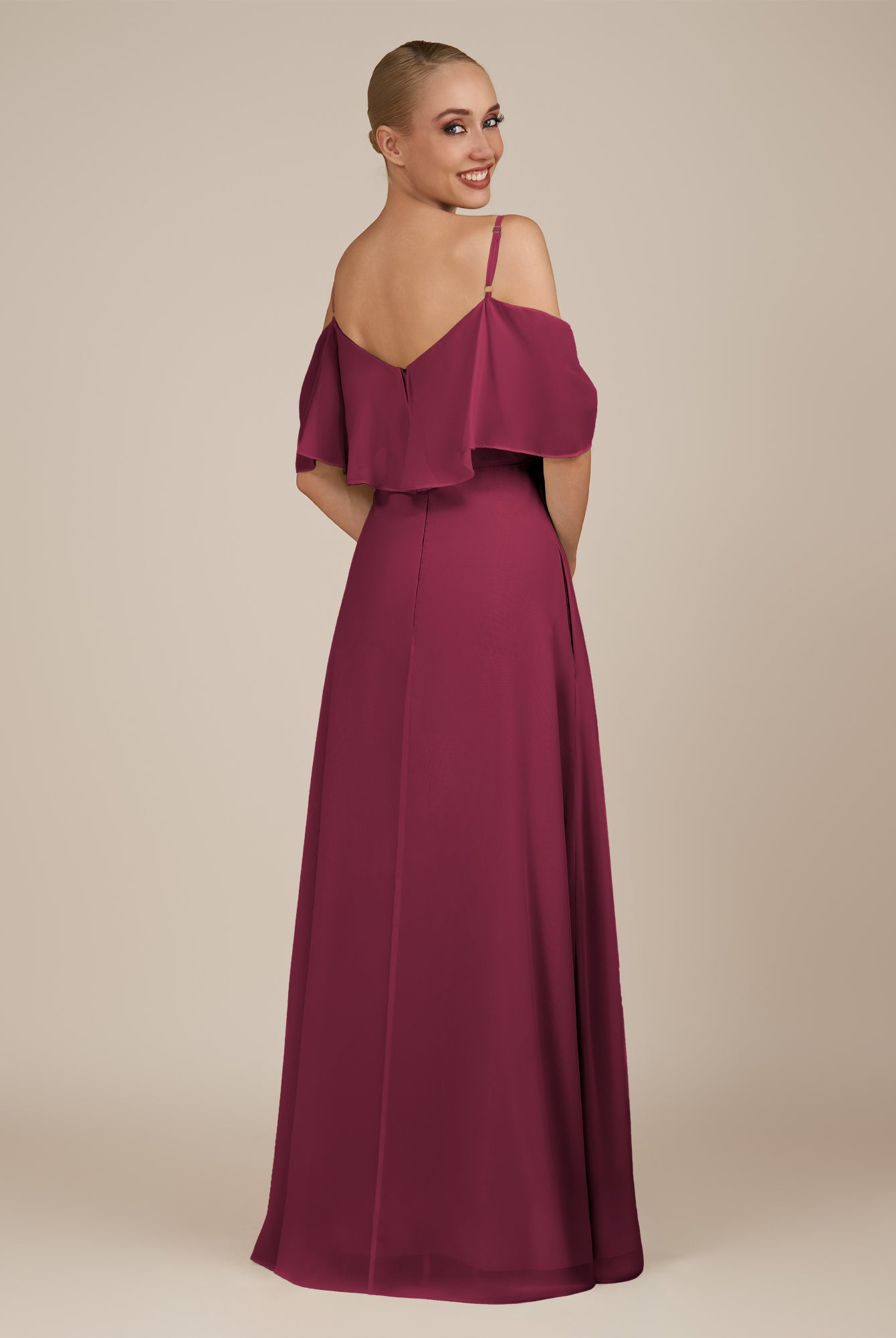 KissDress-Eira Desert Rose A Line Chiffon Off the Shoulder Ruffled Overlay Long Bridesmaid Dress with Slit