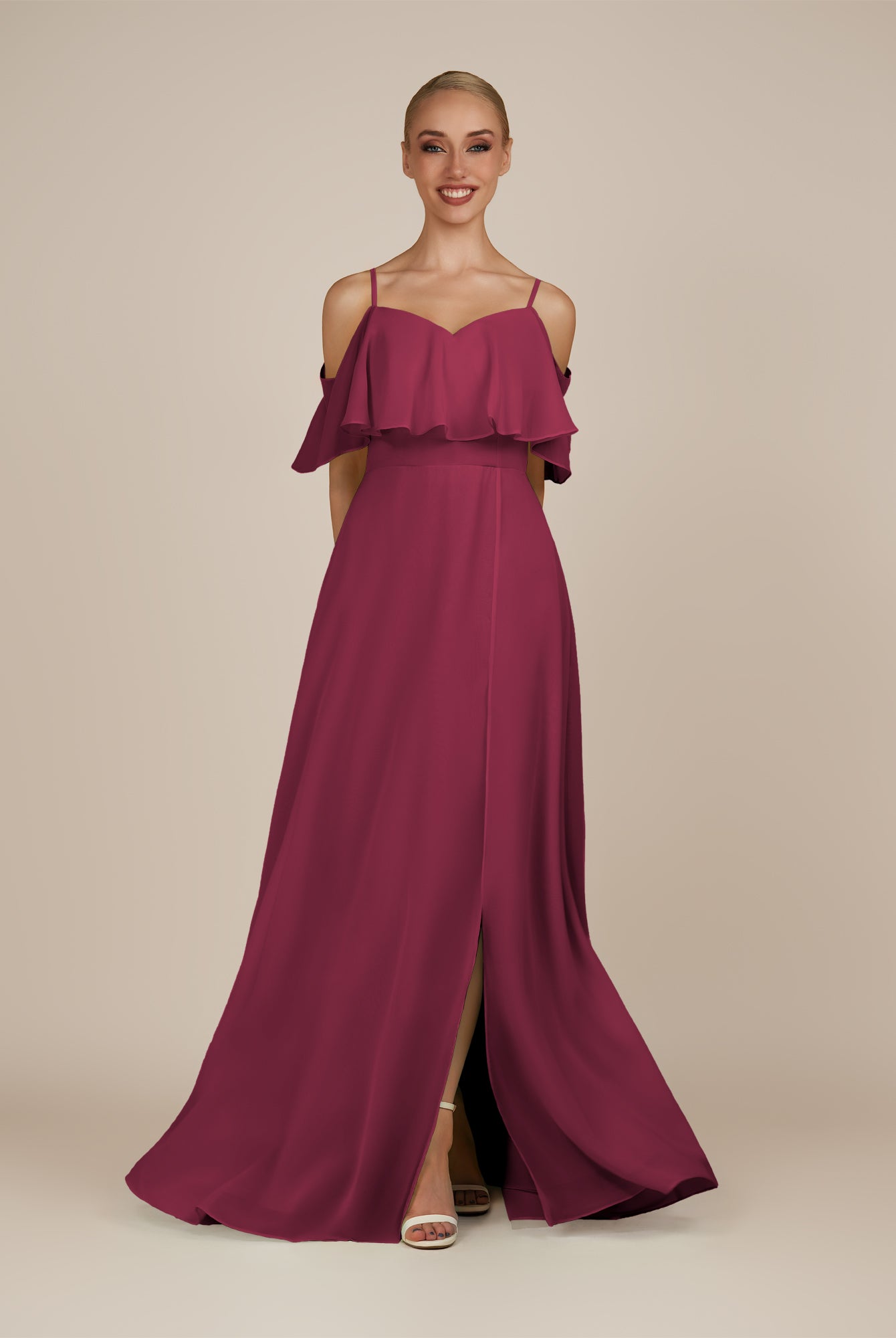 KissDress-Eira Desert Rose A Line Chiffon Off the Shoulder Ruffled Overlay Long Bridesmaid Dress with Slit