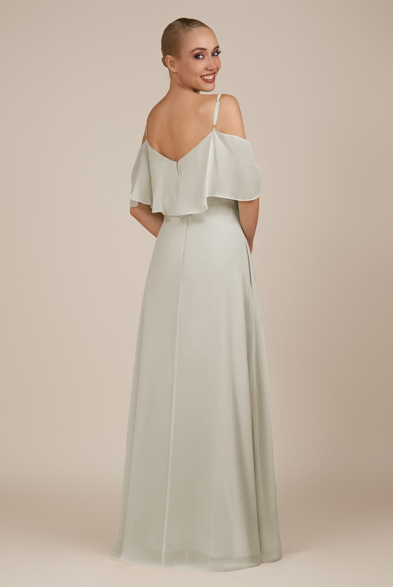 KissDress-Eira Dove Gray A Line Chiffon Off the Shoulder Ruffled Overlay Long Bridesmaid Dress with Slit