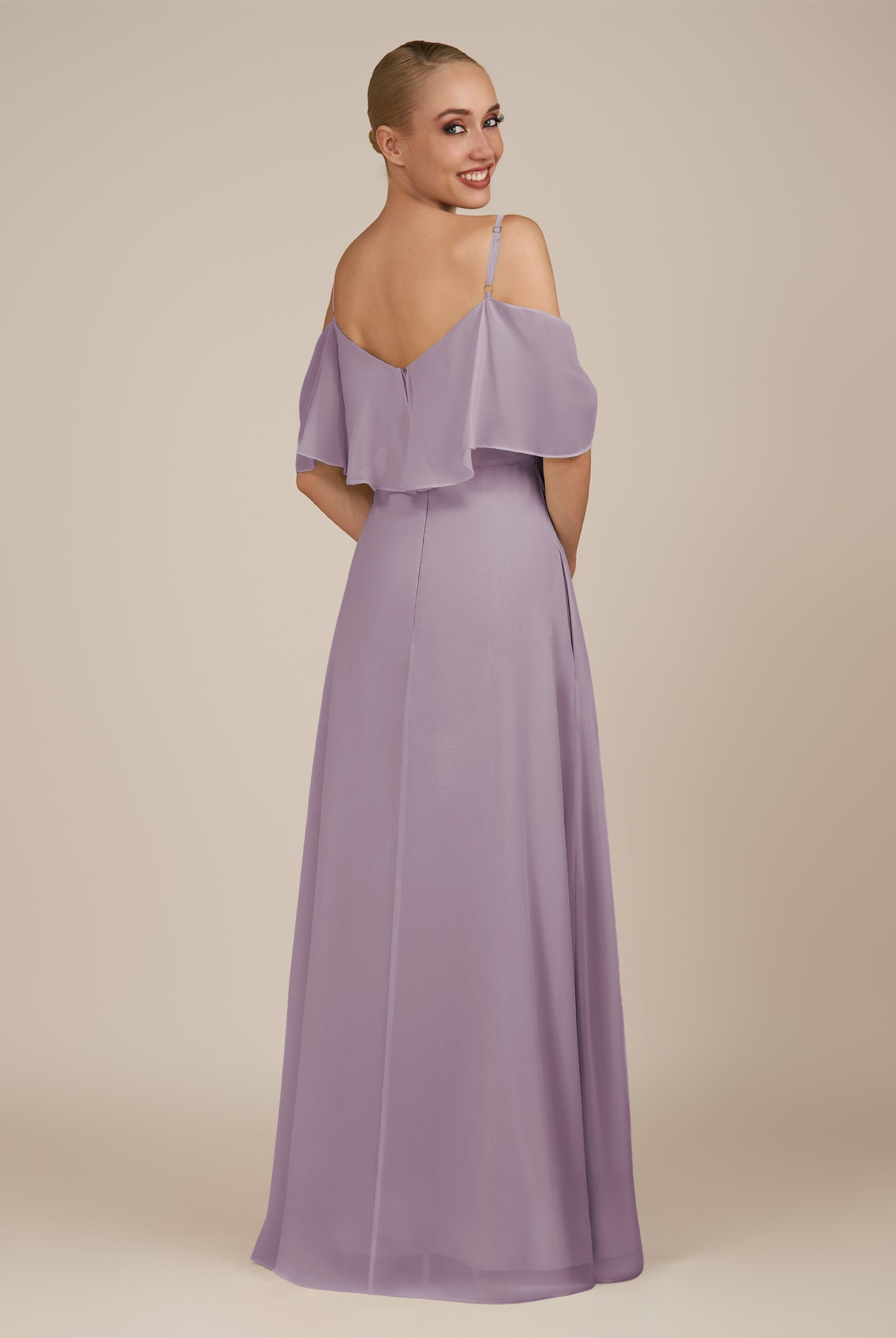 KissDress-Eira Dusk A Line Chiffon Off the Shoulder Ruffled Overlay Long Bridesmaid Dress with Slit