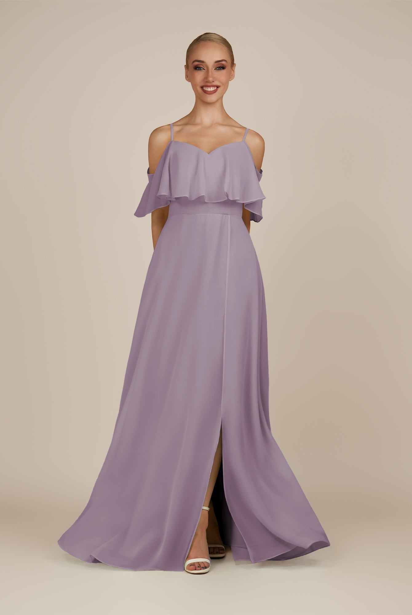 KissDress-Eira Dusk A Line Chiffon Off the Shoulder Ruffled Overlay Long Bridesmaid Dress with Slit