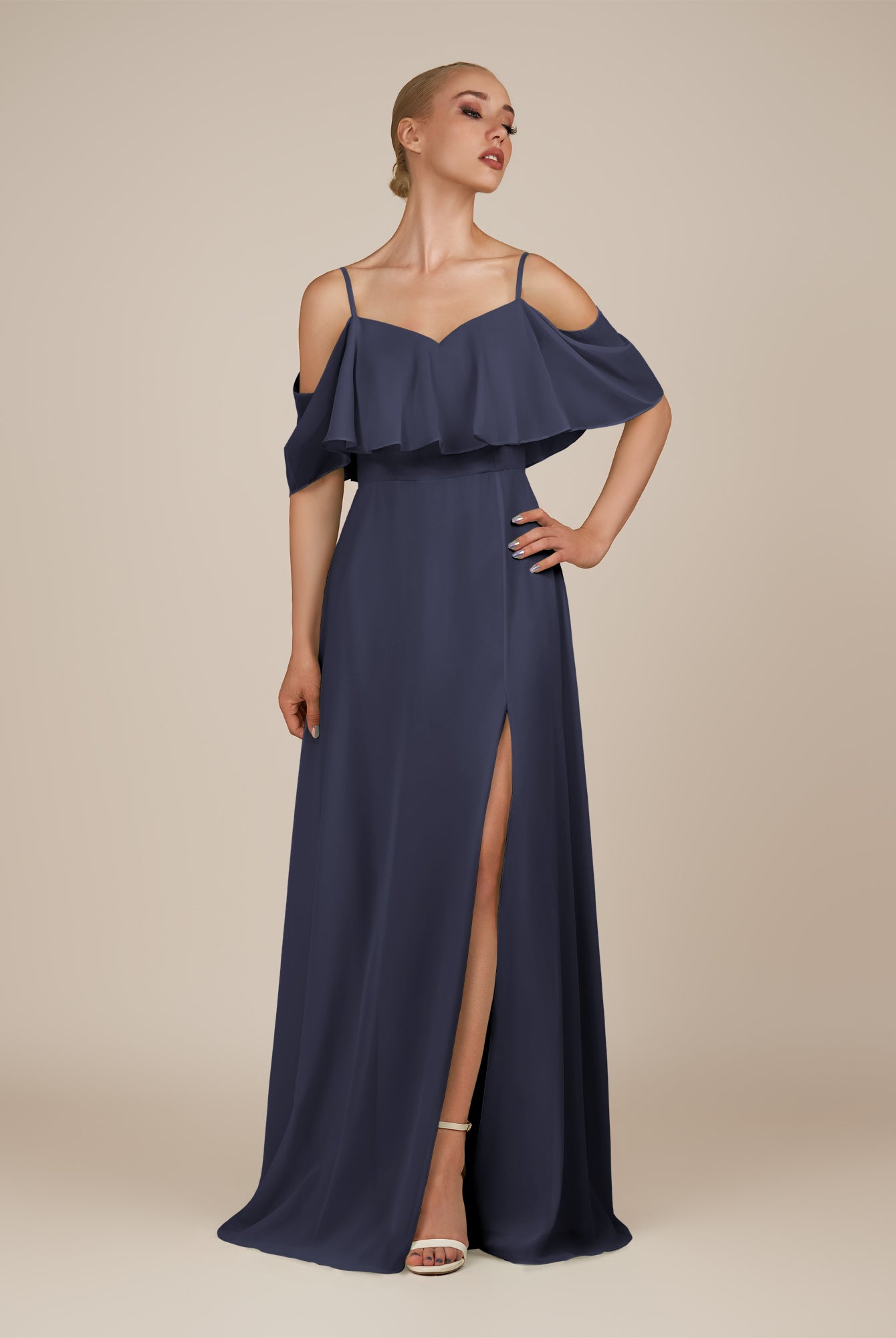 KissDress-Eira Dusk Blue A Line Chiffon Off the Shoulder Ruffled Overlay Long Bridesmaid Dress with Slit