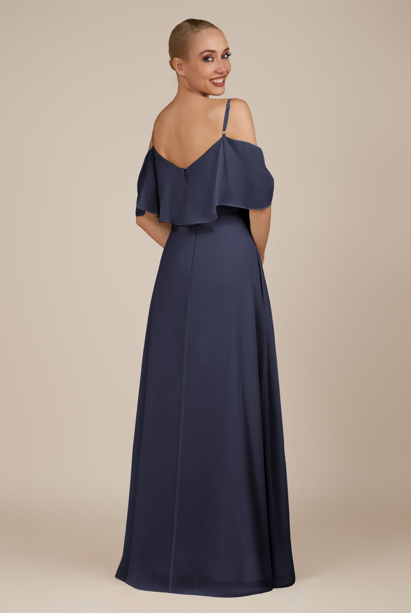 KissDress-Eira Dusk Blue A Line Chiffon Off the Shoulder Ruffled Overlay Long Bridesmaid Dress with Slit