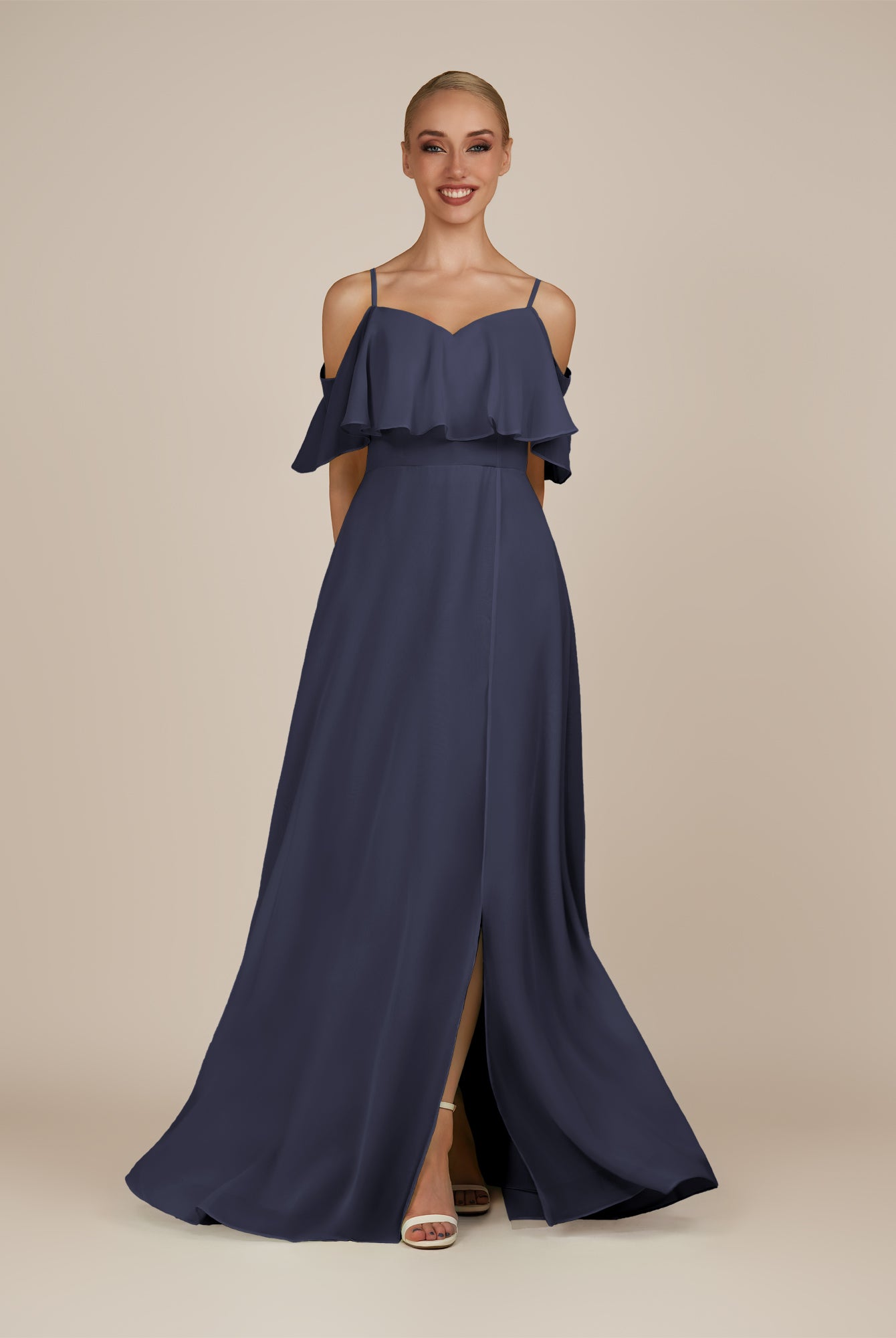 KissDress-Eira Dusk Blue A Line Chiffon Off the Shoulder Ruffled Overlay Long Bridesmaid Dress with Slit