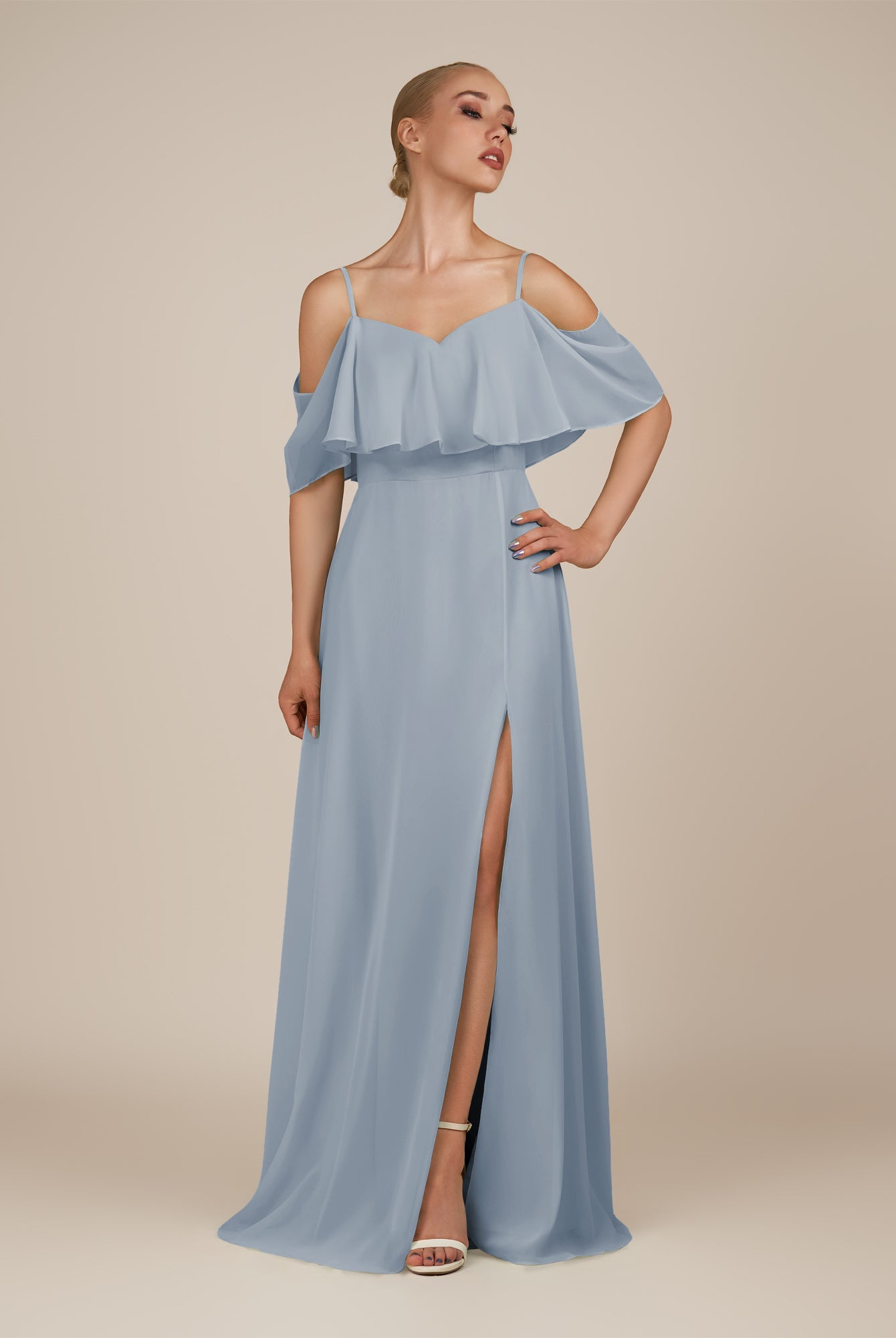 KissDress-Eira Dusty Blue A Line Chiffon Off the Shoulder Ruffled Overlay Long Bridesmaid Dress with Slit