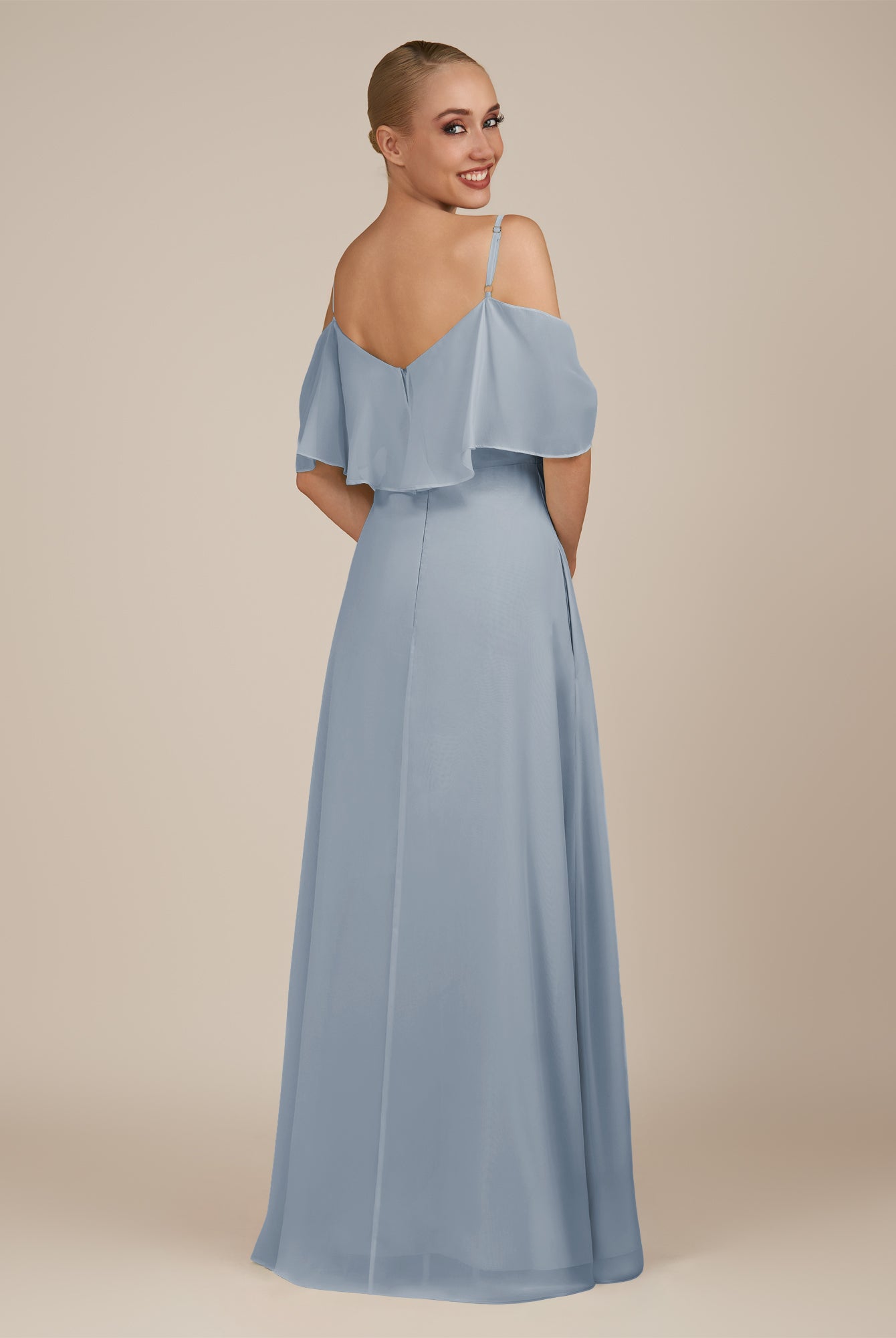 KissDress-Eira Dusty Blue A Line Chiffon Off the Shoulder Ruffled Overlay Long Bridesmaid Dress with Slit