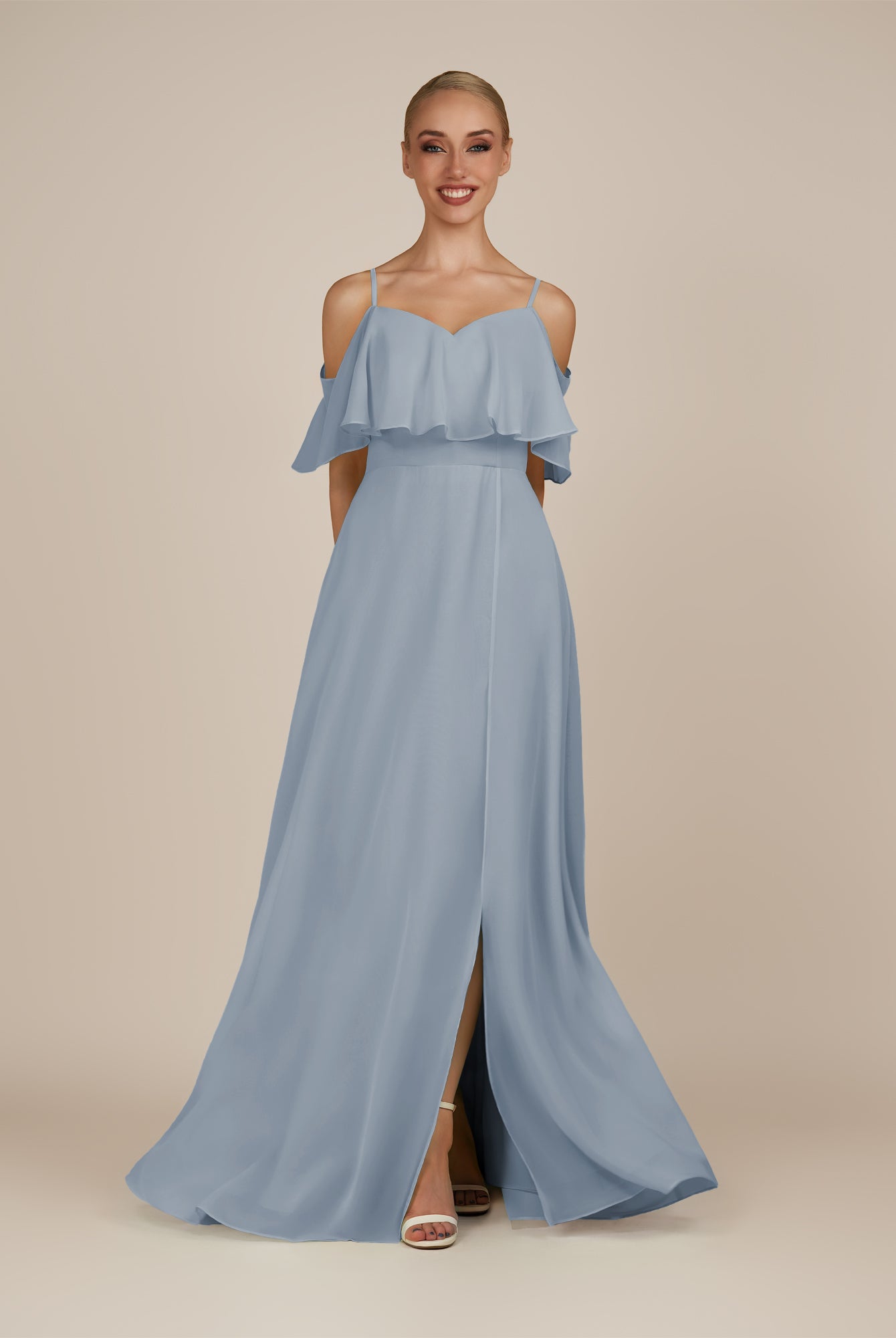KissDress-Eira Dusty Blue A Line Chiffon Off the Shoulder Ruffled Overlay Long Bridesmaid Dress with Slit