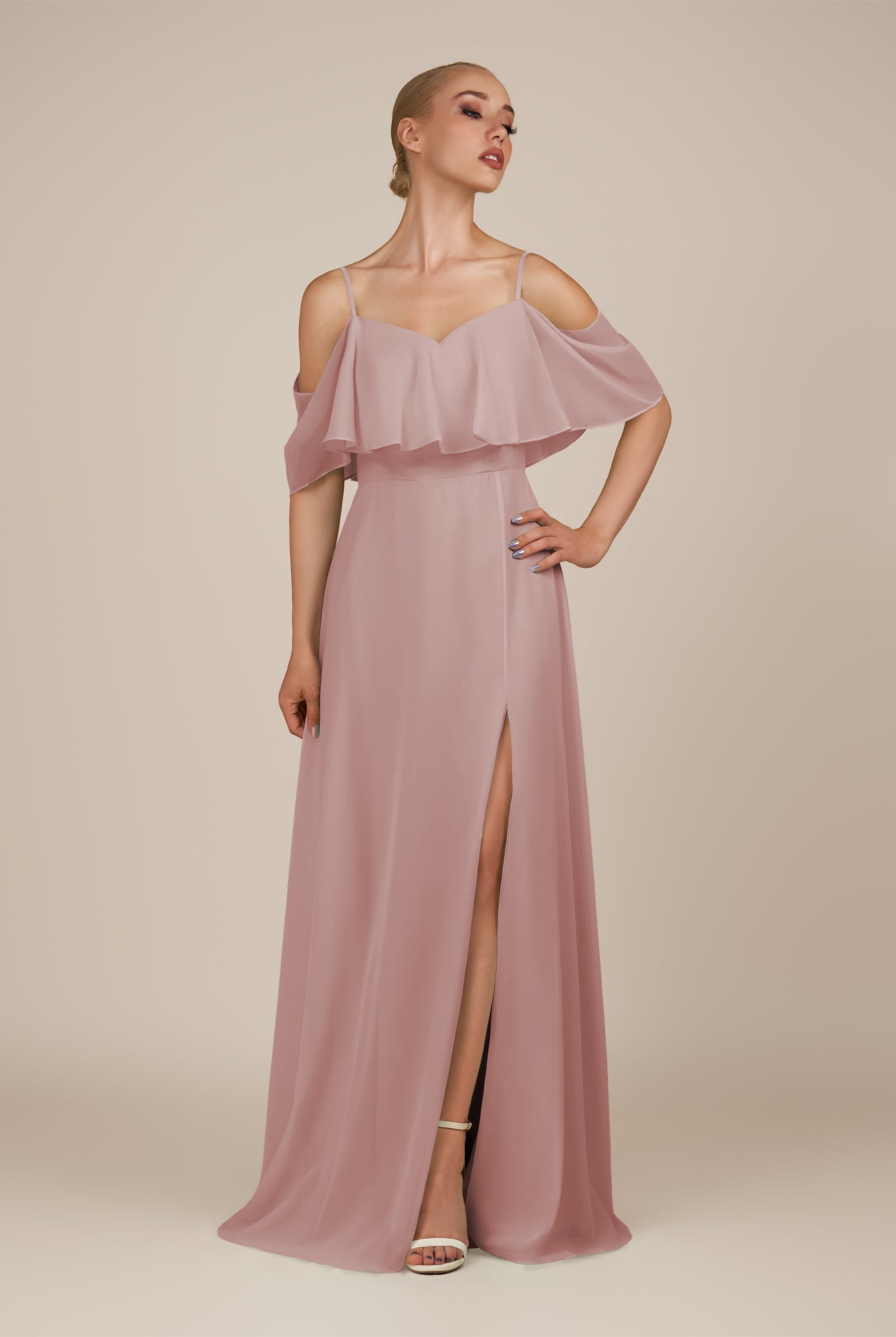 KissDress-Eira Dusty Rose A Line Chiffon Off the Shoulder Ruffled Overlay Long Bridesmaid Dress with Slit