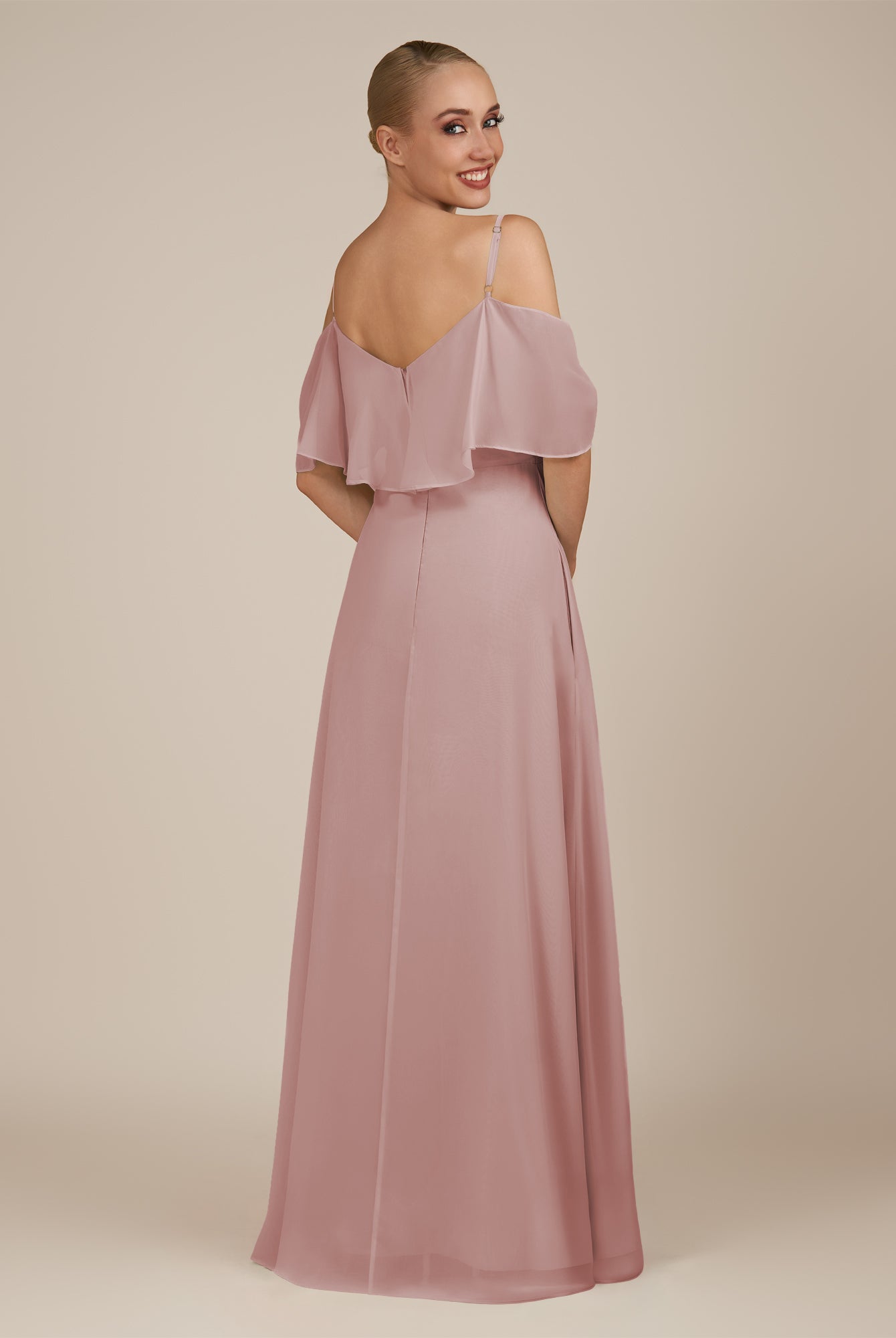 KissDress-Eira Dusty Rose A Line Chiffon Off the Shoulder Ruffled Overlay Long Bridesmaid Dress with Slit