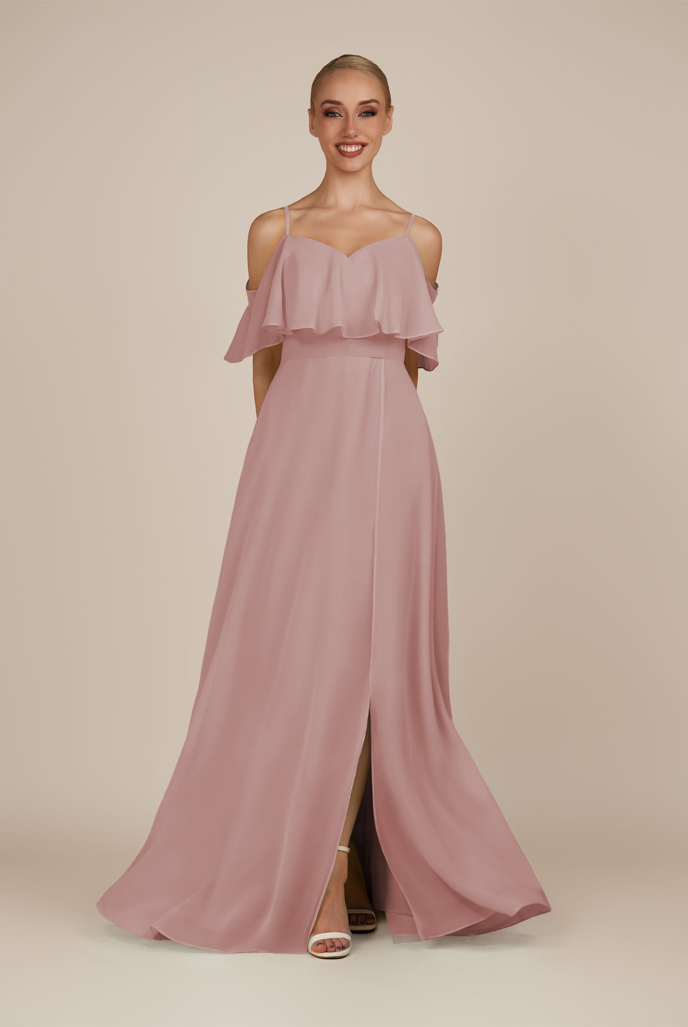 KissDress-Eira Dusty Rose A Line Chiffon Off the Shoulder Ruffled Overlay Long Bridesmaid Dress with Slit