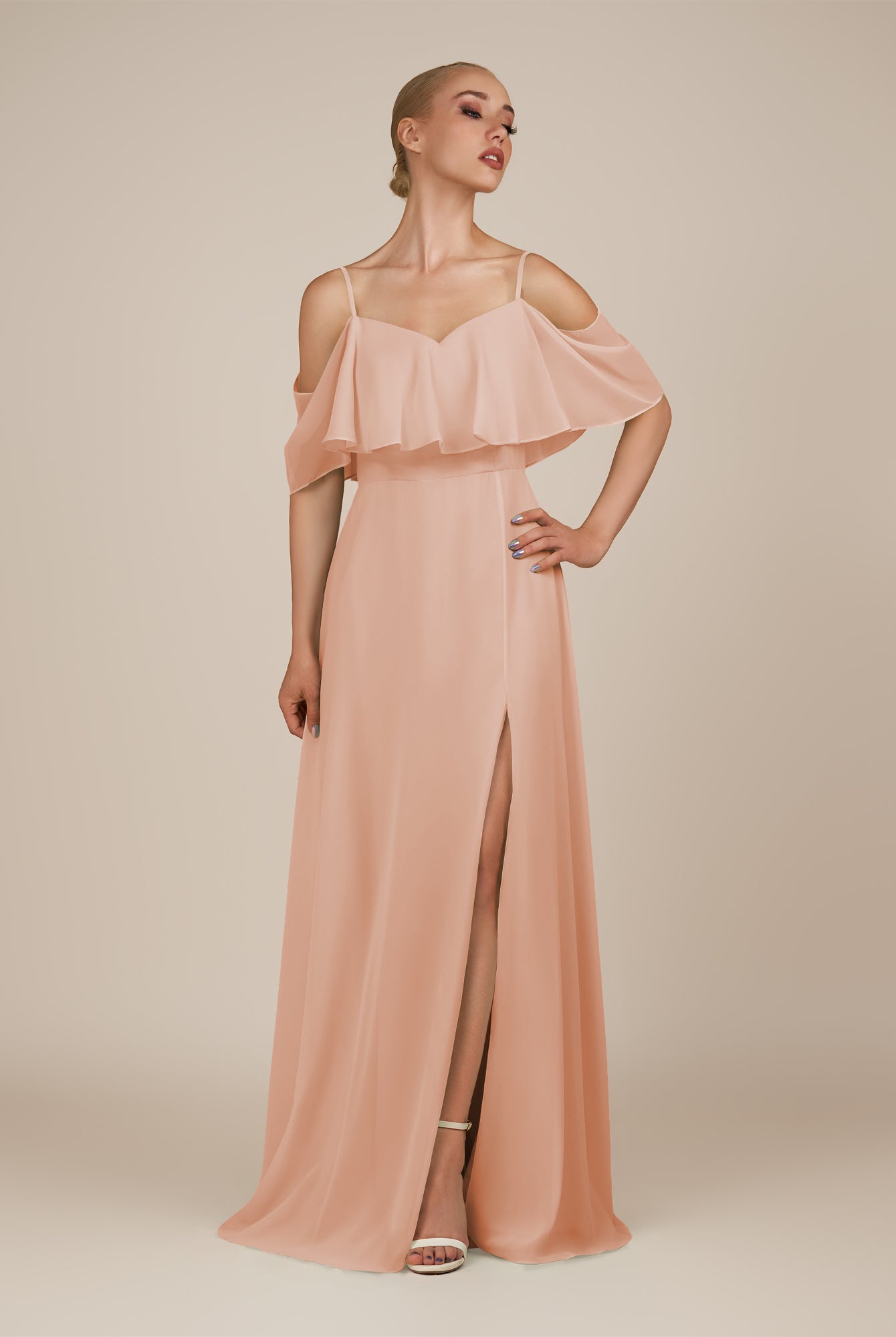KissDress-Eira English Rose A Line Chiffon Off the Shoulder Ruffled Overlay Long Bridesmaid Dress with Slit