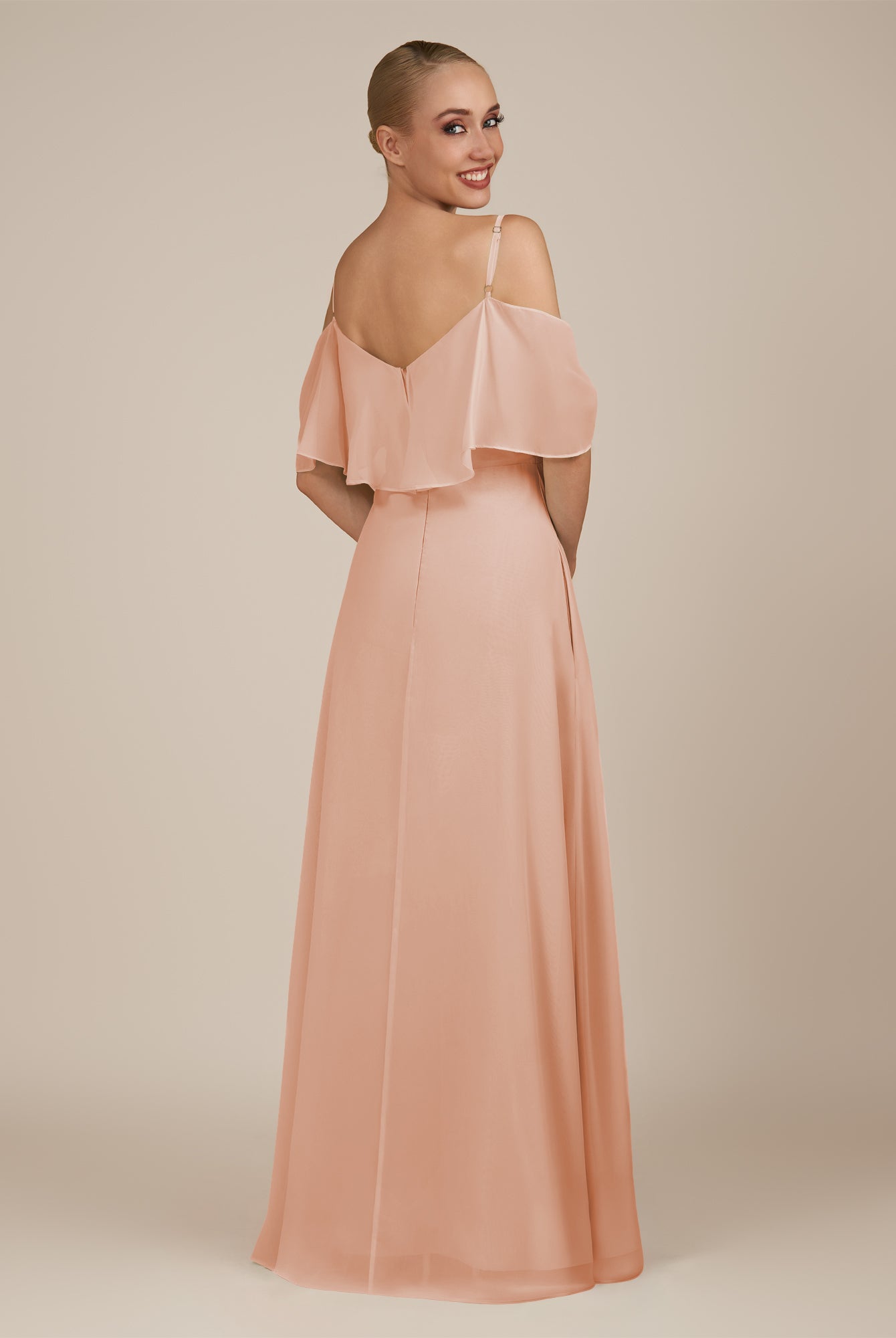KissDress-Eira English Rose A Line Chiffon Off the Shoulder Ruffled Overlay Long Bridesmaid Dress with Slit