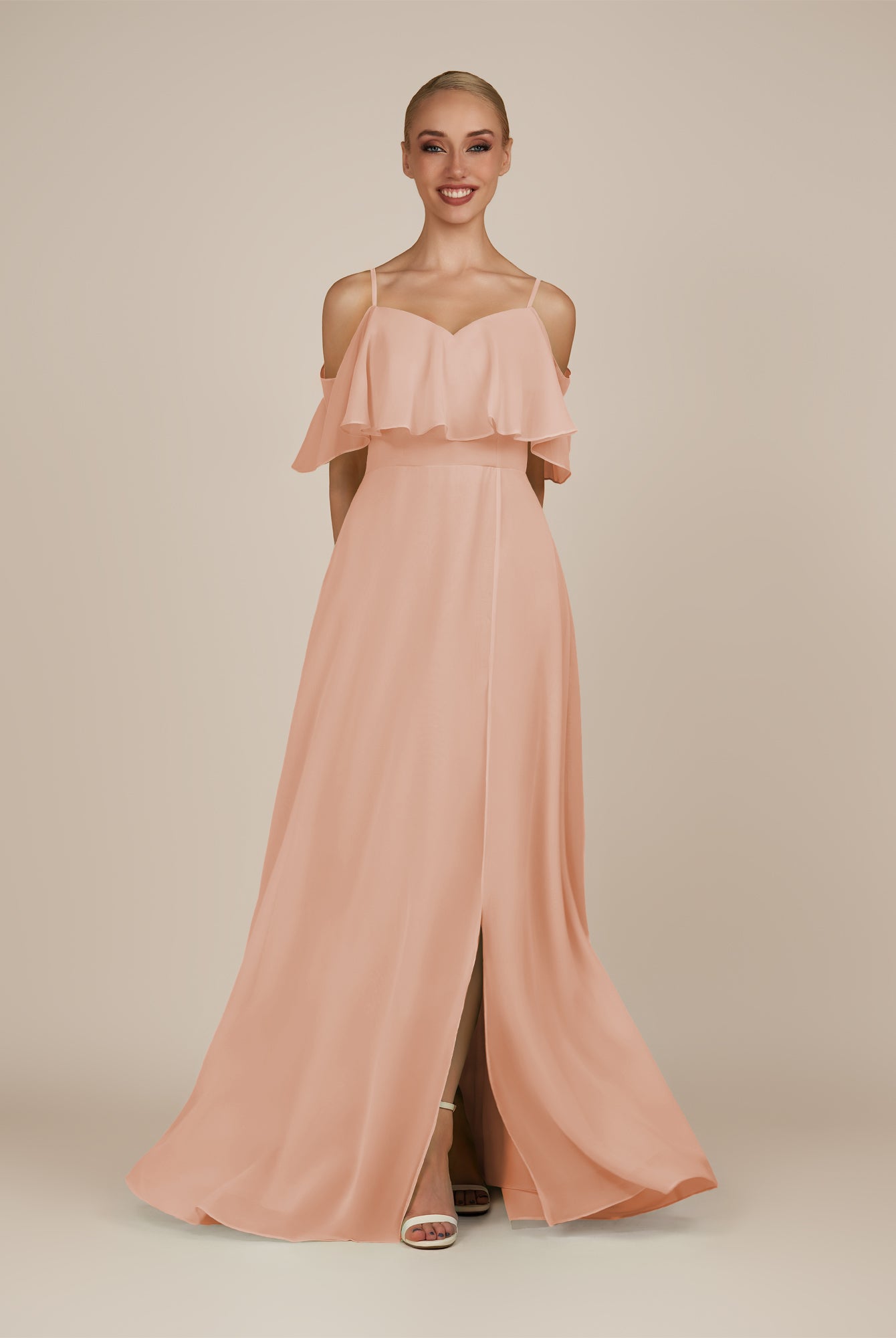 KissDress-Eira English Rose A Line Chiffon Off the Shoulder Ruffled Overlay Long Bridesmaid Dress with Slit