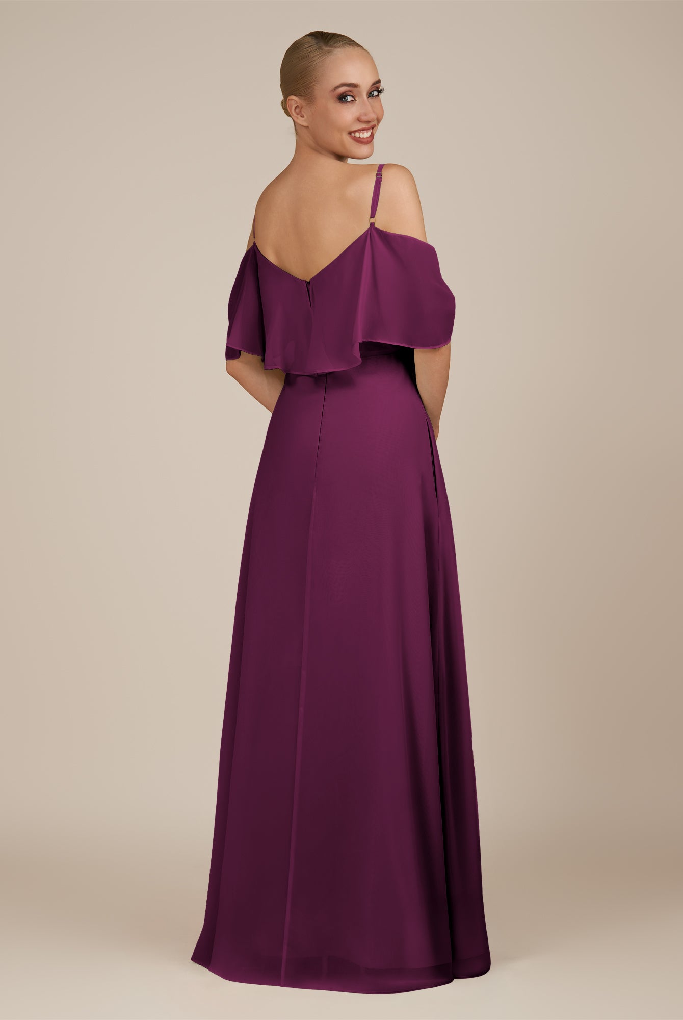 KissDress-Eira Fig A Line Chiffon Off the Shoulder Ruffled Overlay Long Bridesmaid Dress with Slit