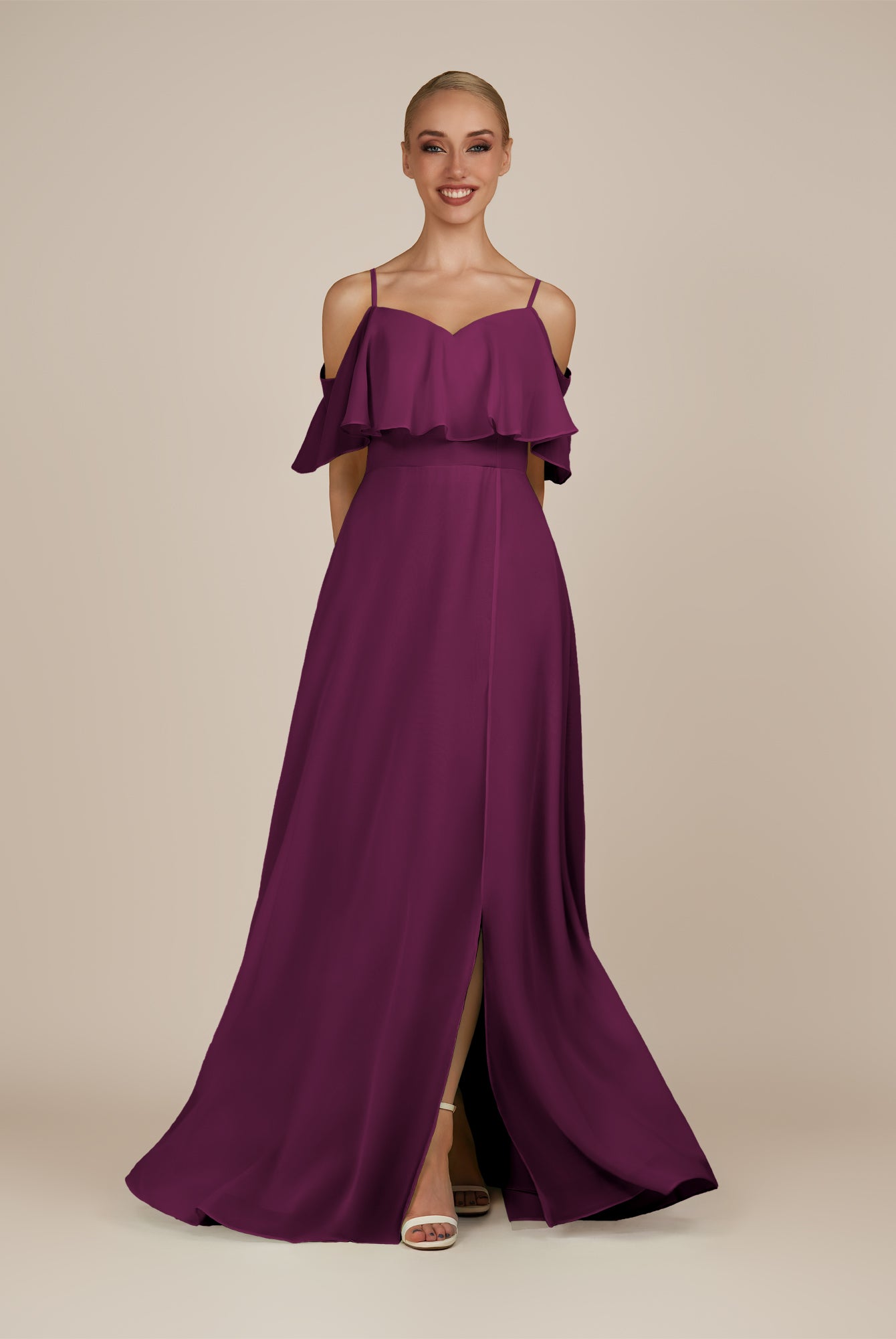 KissDress-Eira Fig A Line Chiffon Off the Shoulder Ruffled Overlay Long Bridesmaid Dress with Slit