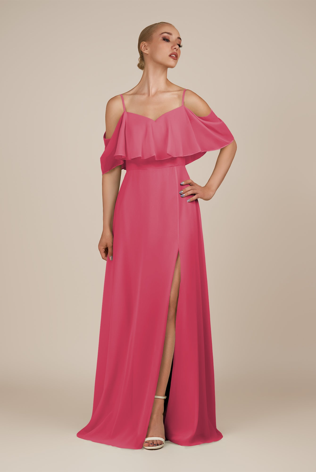 KissDress-Eira Fuchsia A Line Chiffon Off the Shoulder Ruffled Overlay Long Bridesmaid Dress with Slit