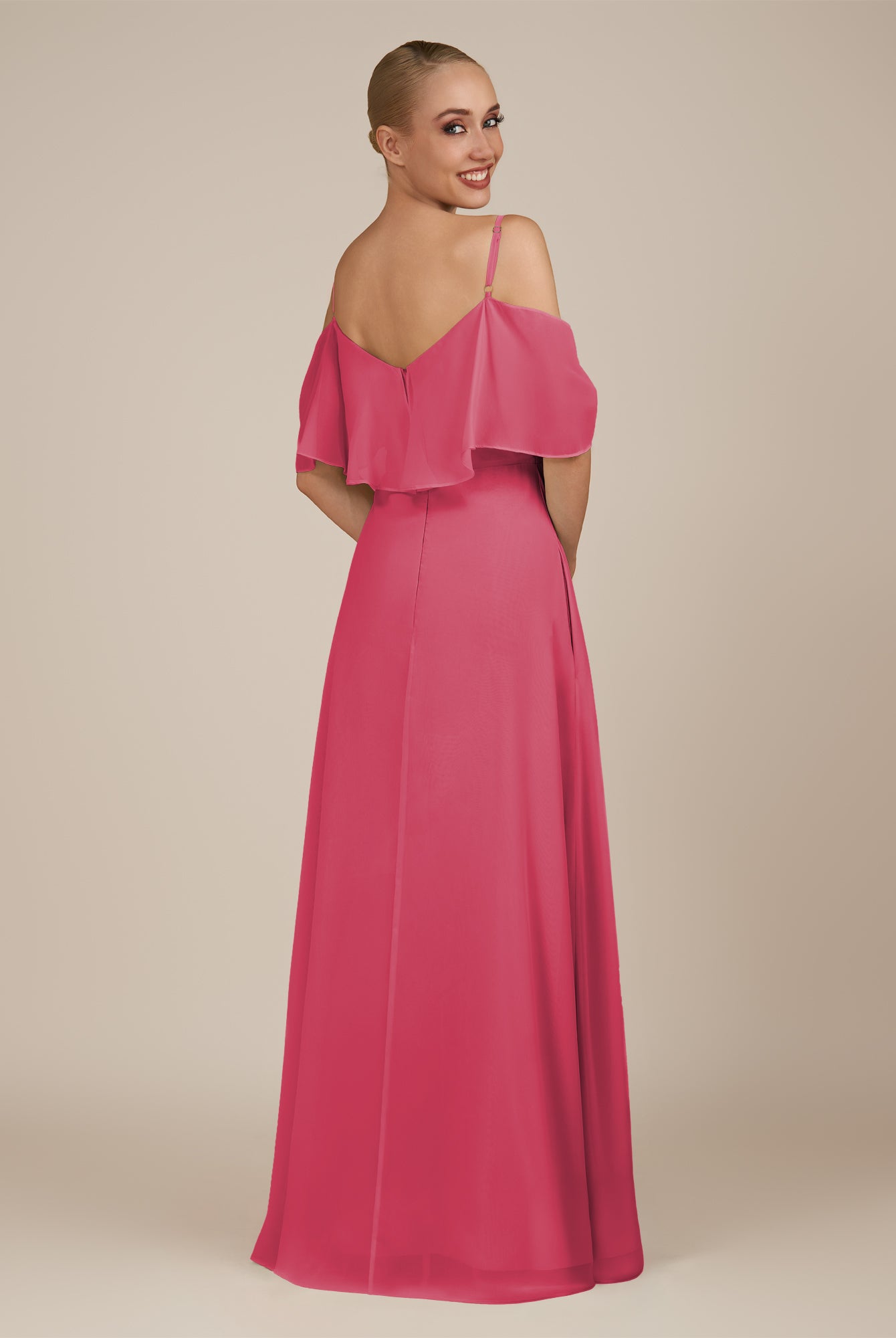 KissDress-Eira Fuchsia A Line Chiffon Off the Shoulder Ruffled Overlay Long Bridesmaid Dress with Slit