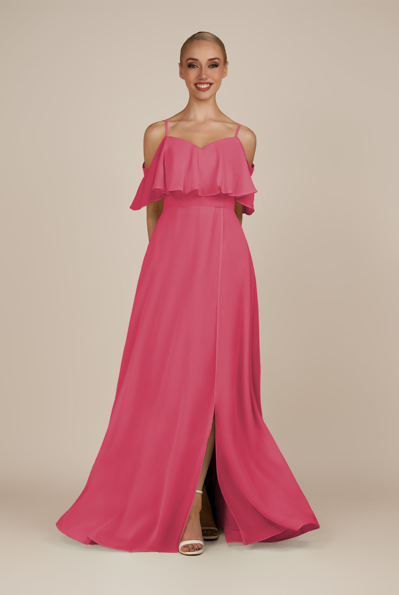 KissDress-Eira Fuchsia A Line Chiffon Off the Shoulder Ruffled Overlay Long Bridesmaid Dress with Slit