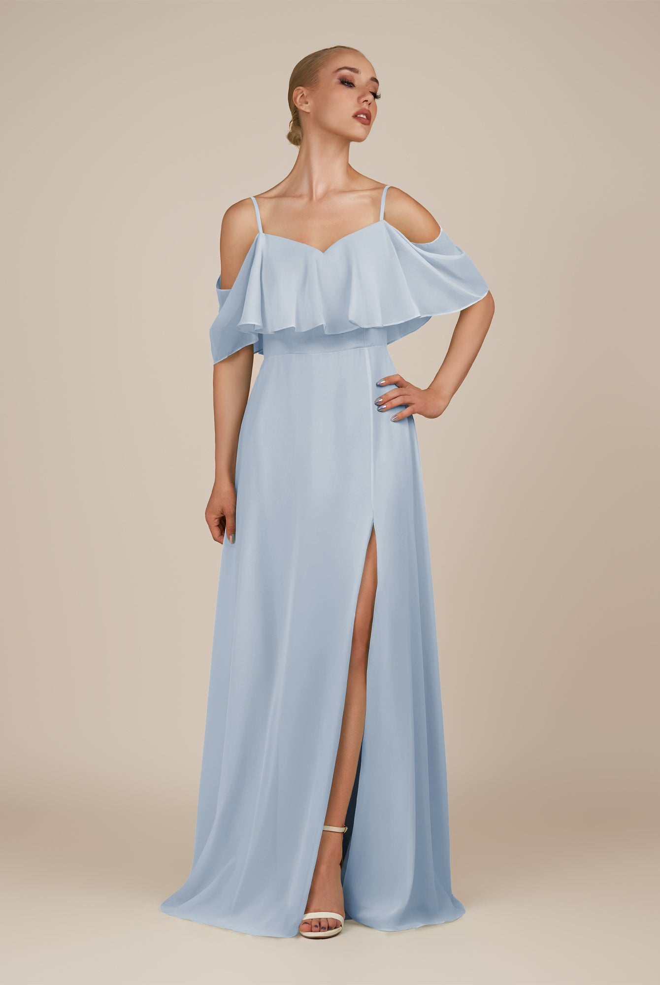 KissDress-Eira Ice A Line Chiffon Off the Shoulder Ruffled Overlay Long Bridesmaid Dress with Slit