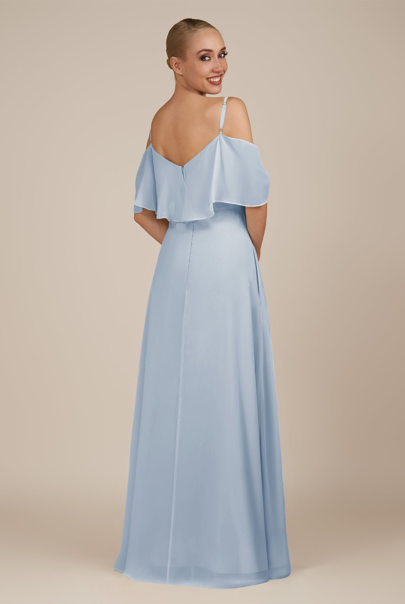 KissDress-Eira Ice A Line Chiffon Off the Shoulder Ruffled Overlay Long Bridesmaid Dress with Slit