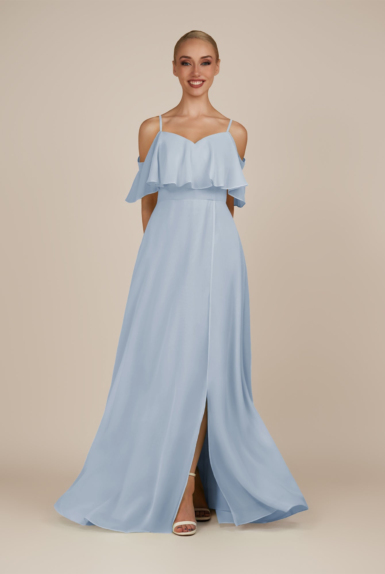 KissDress-Eira Ice A Line Chiffon Off the Shoulder Ruffled Overlay Long Bridesmaid Dress with Slit