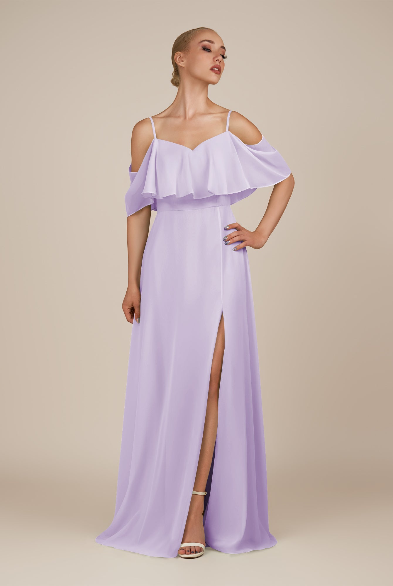KissDress-Eira Lavender A Line Chiffon Off the Shoulder Ruffled Overlay Long Bridesmaid Dress with Slit
