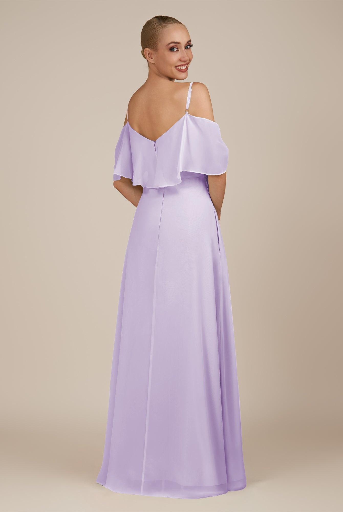 KissDress-Eira Lavender A Line Chiffon Off the Shoulder Ruffled Overlay Long Bridesmaid Dress with Slit