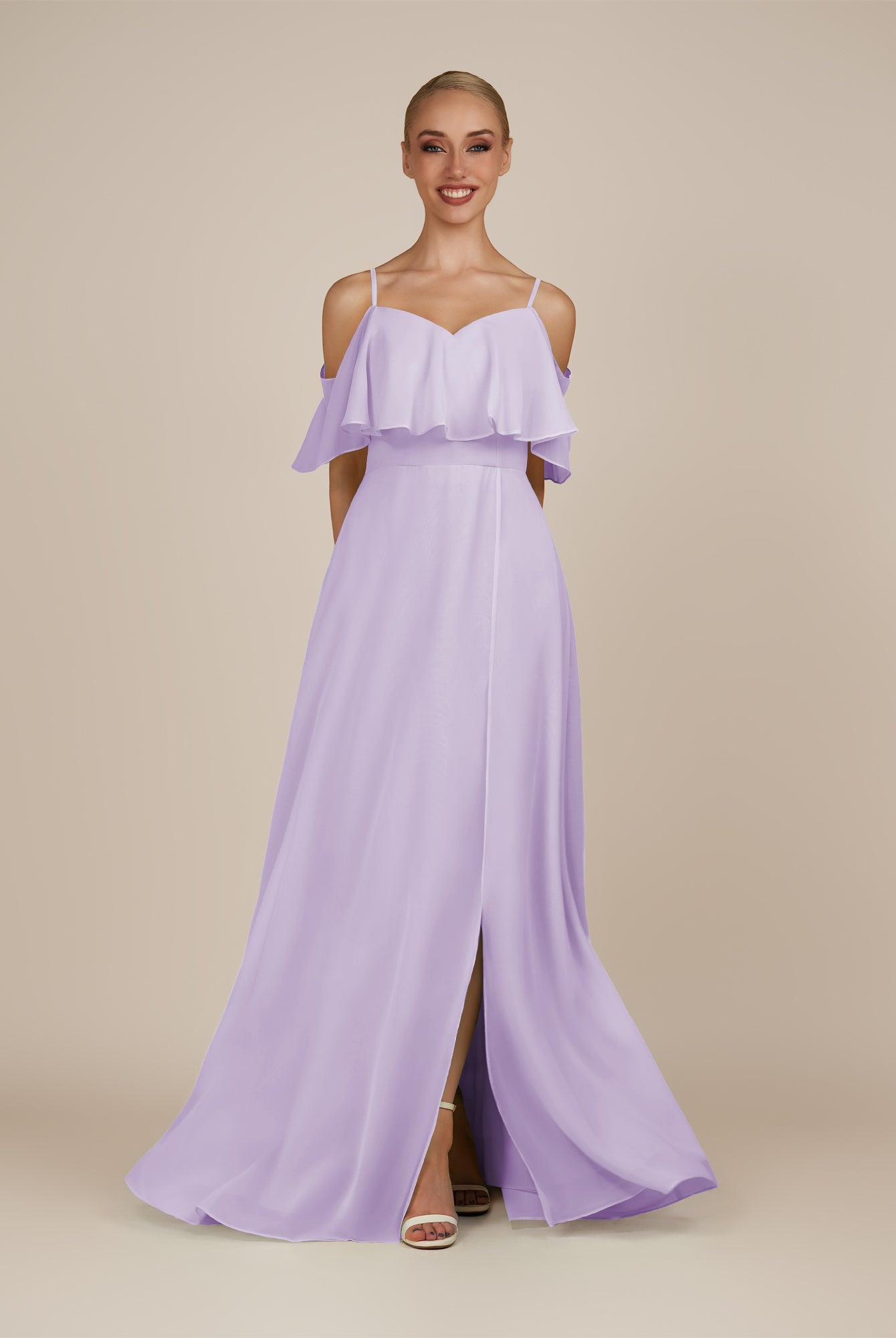 KissDress-Eira Lavender A Line Chiffon Off the Shoulder Ruffled Overlay Long Bridesmaid Dress with Slit