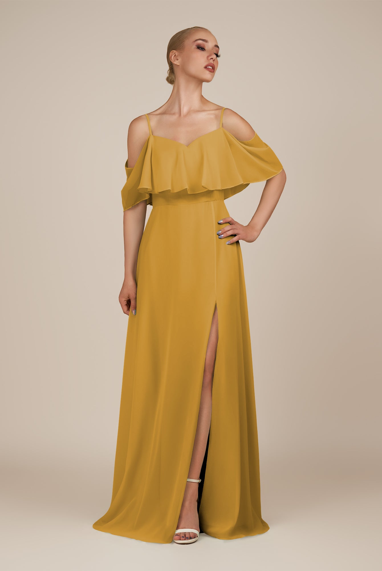 KissDress-Eira Marigold A Line Chiffon Off the Shoulder Ruffled Overlay Long Bridesmaid Dress with Slit
