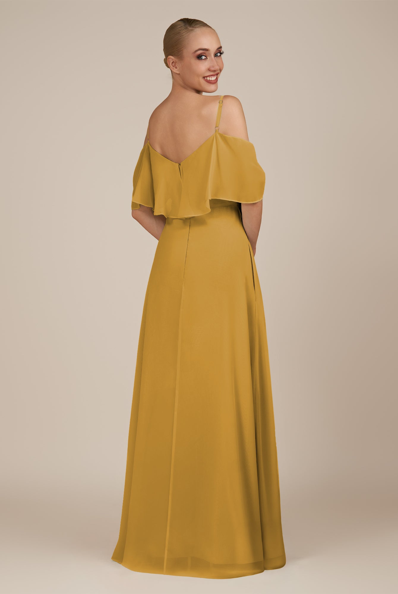 KissDress-Eira Marigold A Line Chiffon Off the Shoulder Ruffled Overlay Long Bridesmaid Dress with Slit