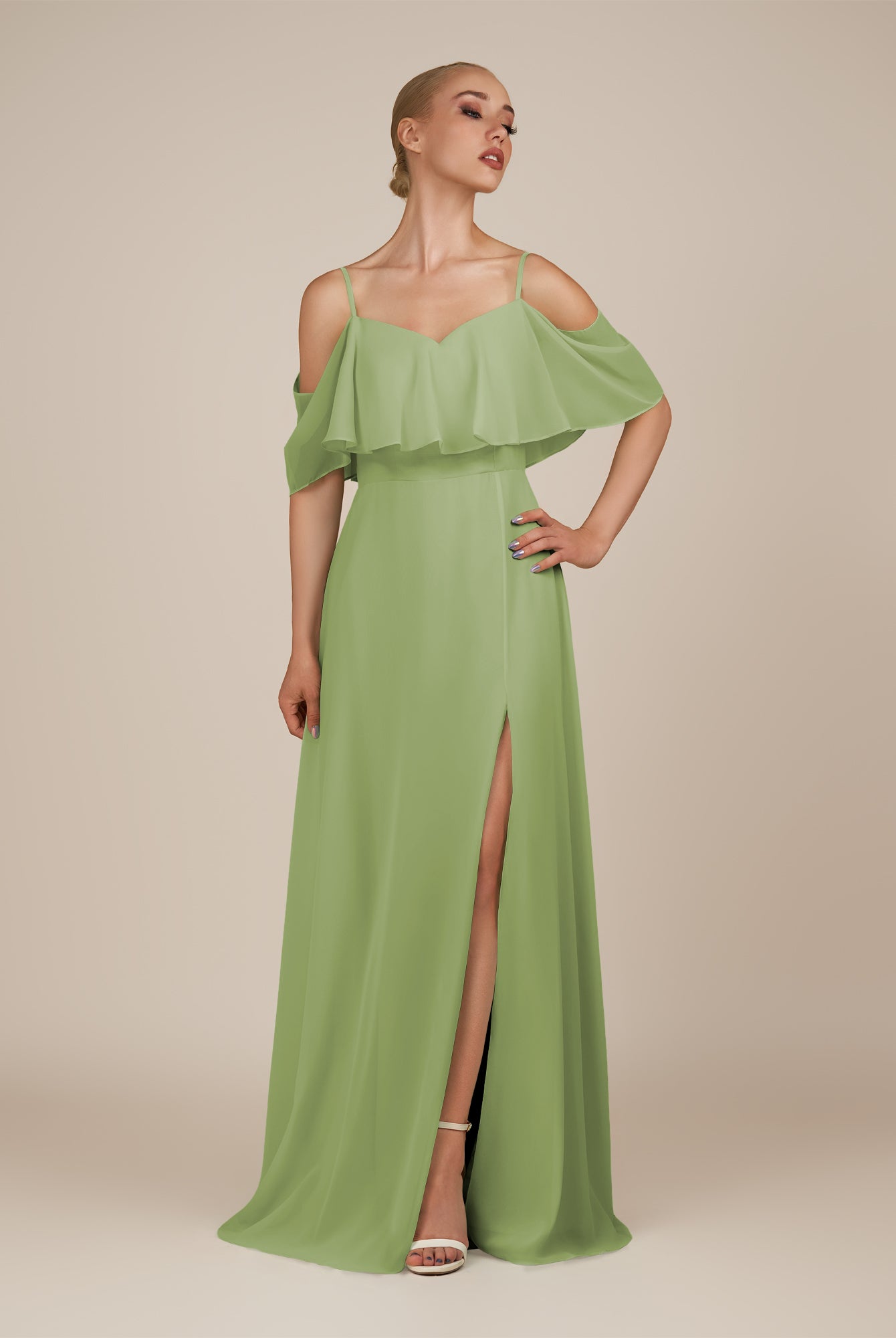 KissDress-Eira Matcha A Line Chiffon Off the Shoulder Ruffled Overlay Long Bridesmaid Dress with Slit