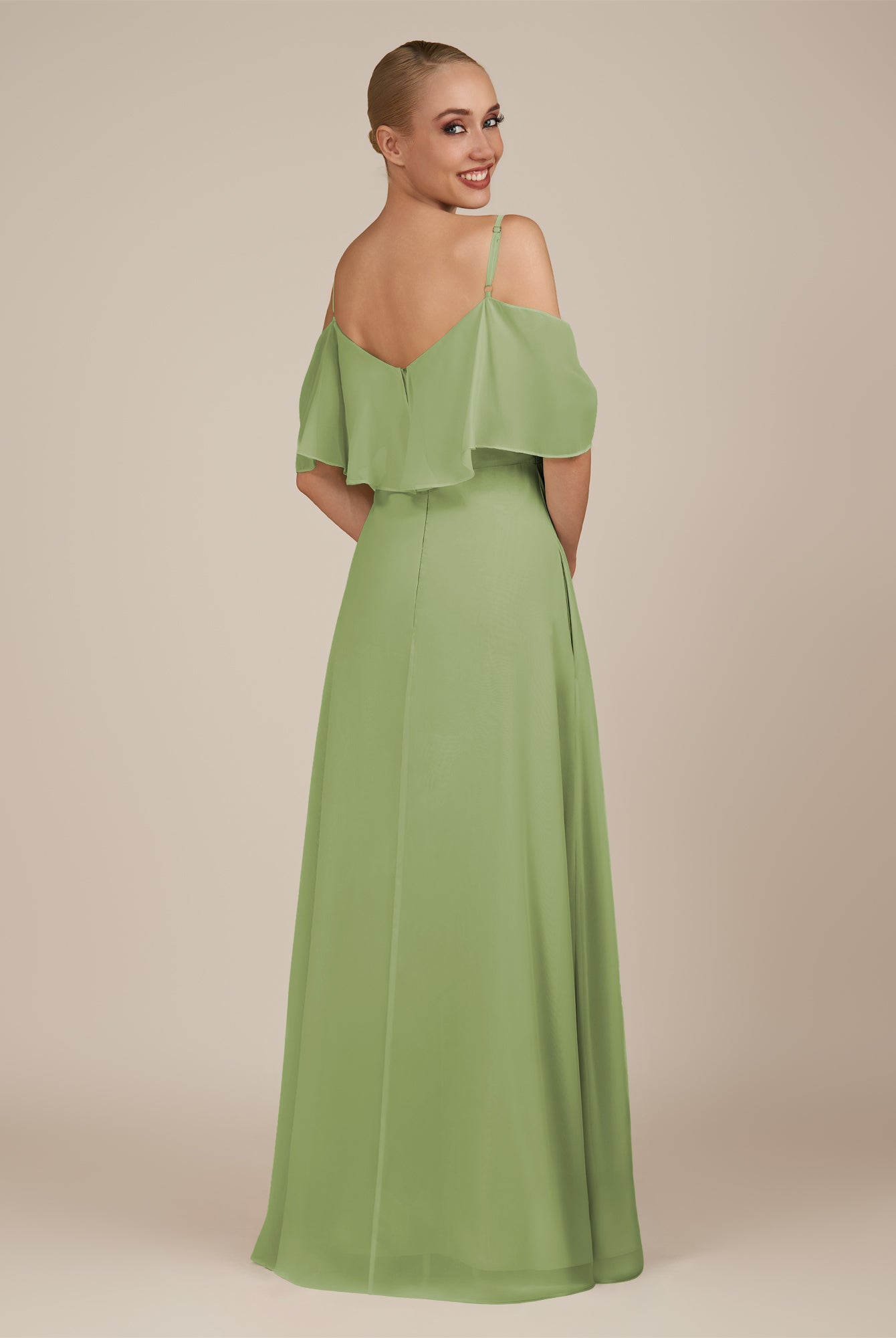 KissDress-Eira Matcha A Line Chiffon Off the Shoulder Ruffled Overlay Long Bridesmaid Dress with Slit