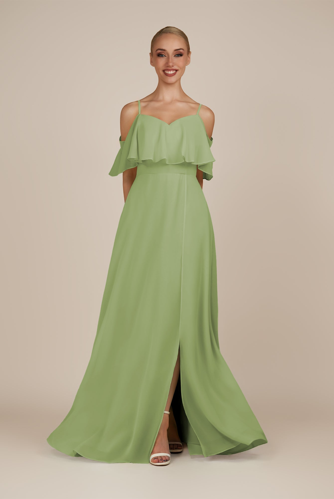 KissDress-Eira Matcha A Line Chiffon Off the Shoulder Ruffled Overlay Long Bridesmaid Dress with Slit