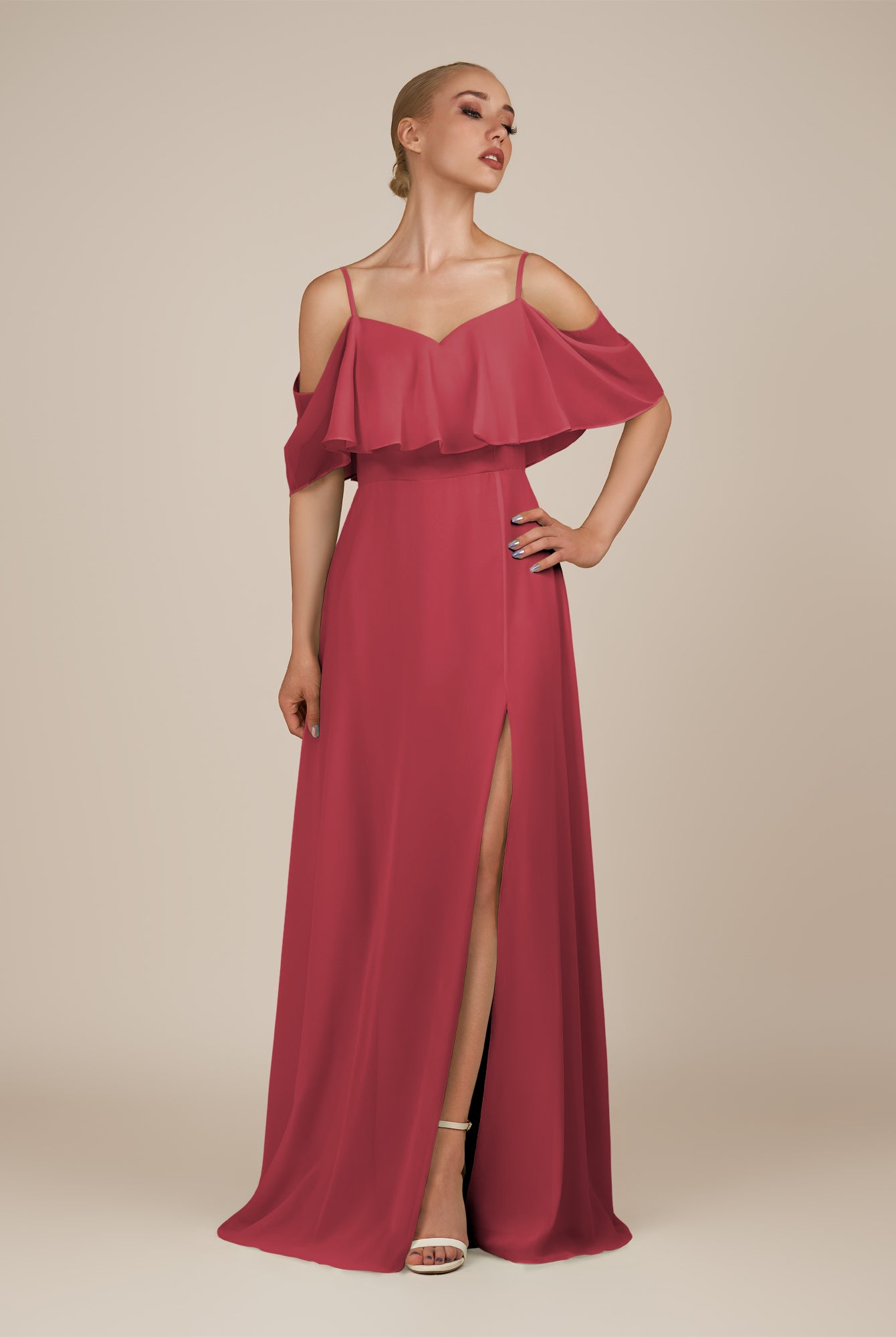 KissDress-Eira Merlot A Line Chiffon Off the Shoulder Ruffled Overlay Long Bridesmaid Dress with Slit