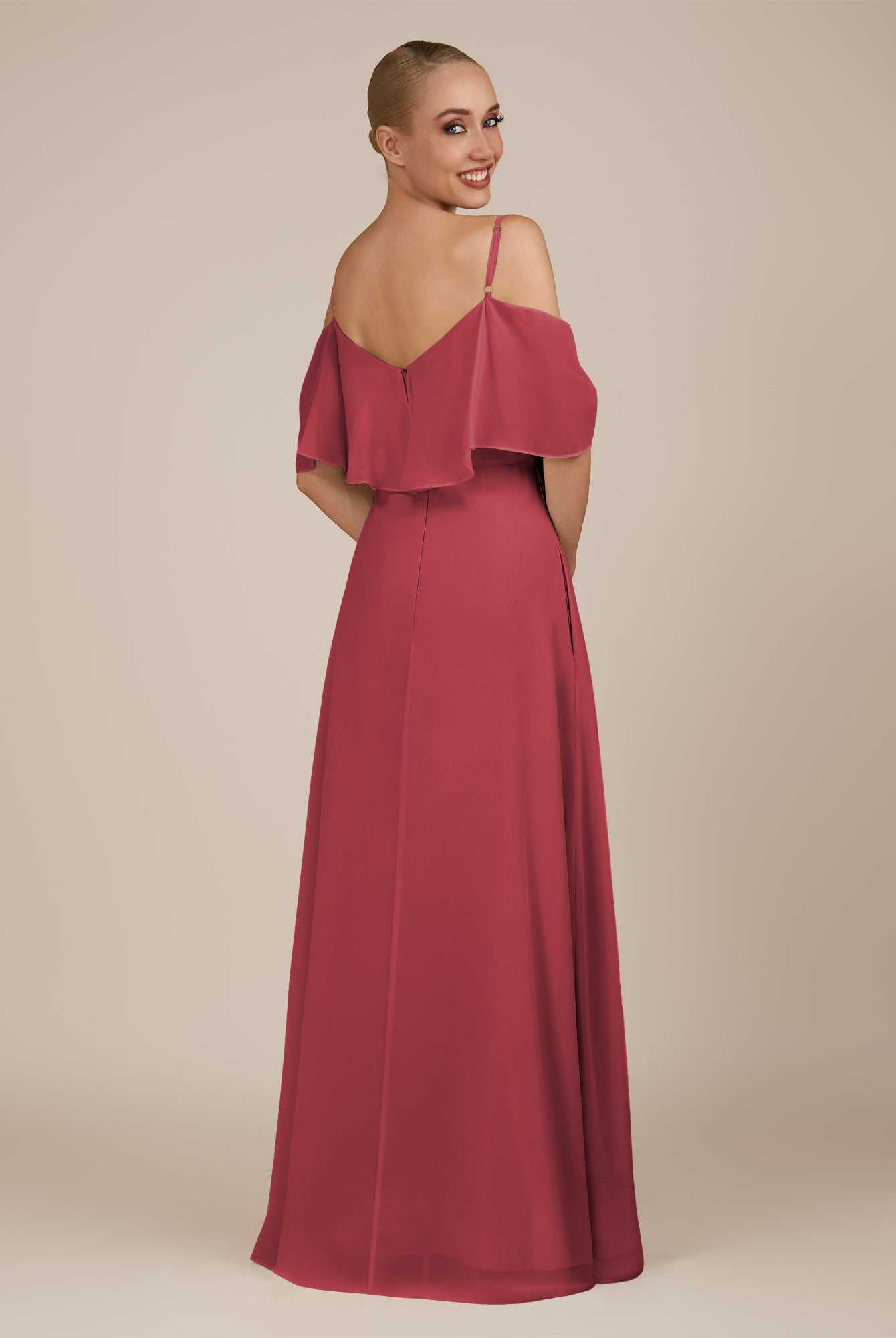 KissDress-Eira Merlot A Line Chiffon Off the Shoulder Ruffled Overlay Long Bridesmaid Dress with Slit