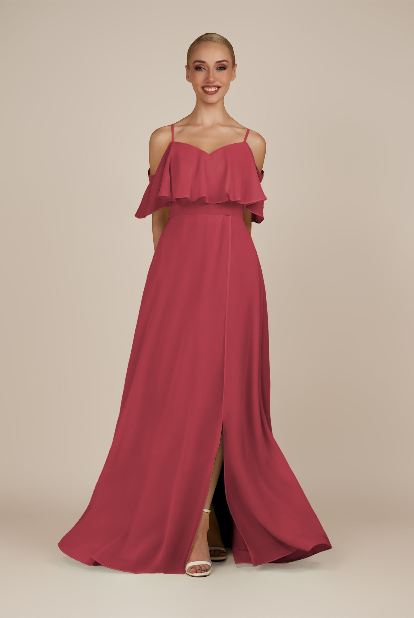 KissDress-Eira Merlot A Line Chiffon Off the Shoulder Ruffled Overlay Long Bridesmaid Dress with Slit