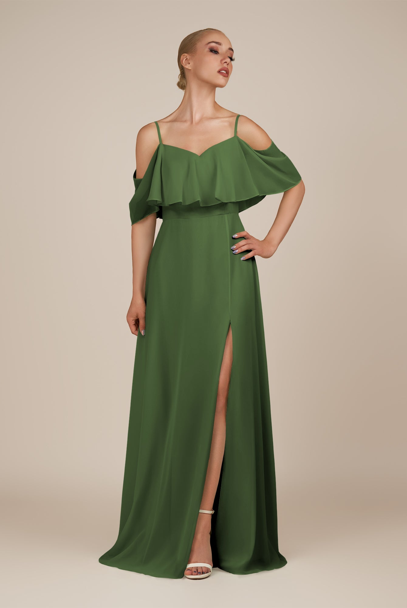 KissDress-Eira Moss A Line Chiffon Off the Shoulder Ruffled Overlay Long Bridesmaid Dress with Slit