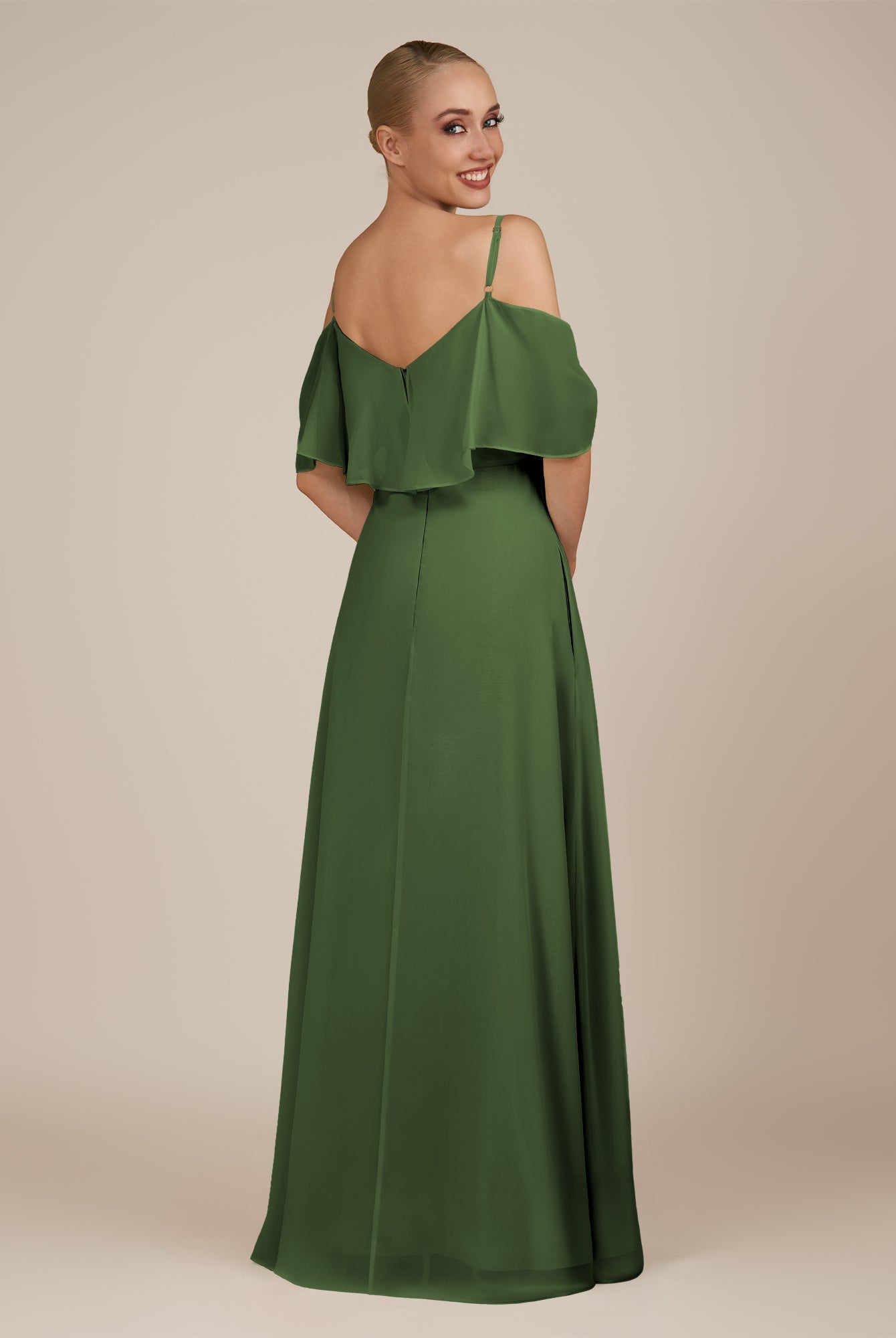 KissDress-Eira Moss A Line Chiffon Off the Shoulder Ruffled Overlay Long Bridesmaid Dress with Slit