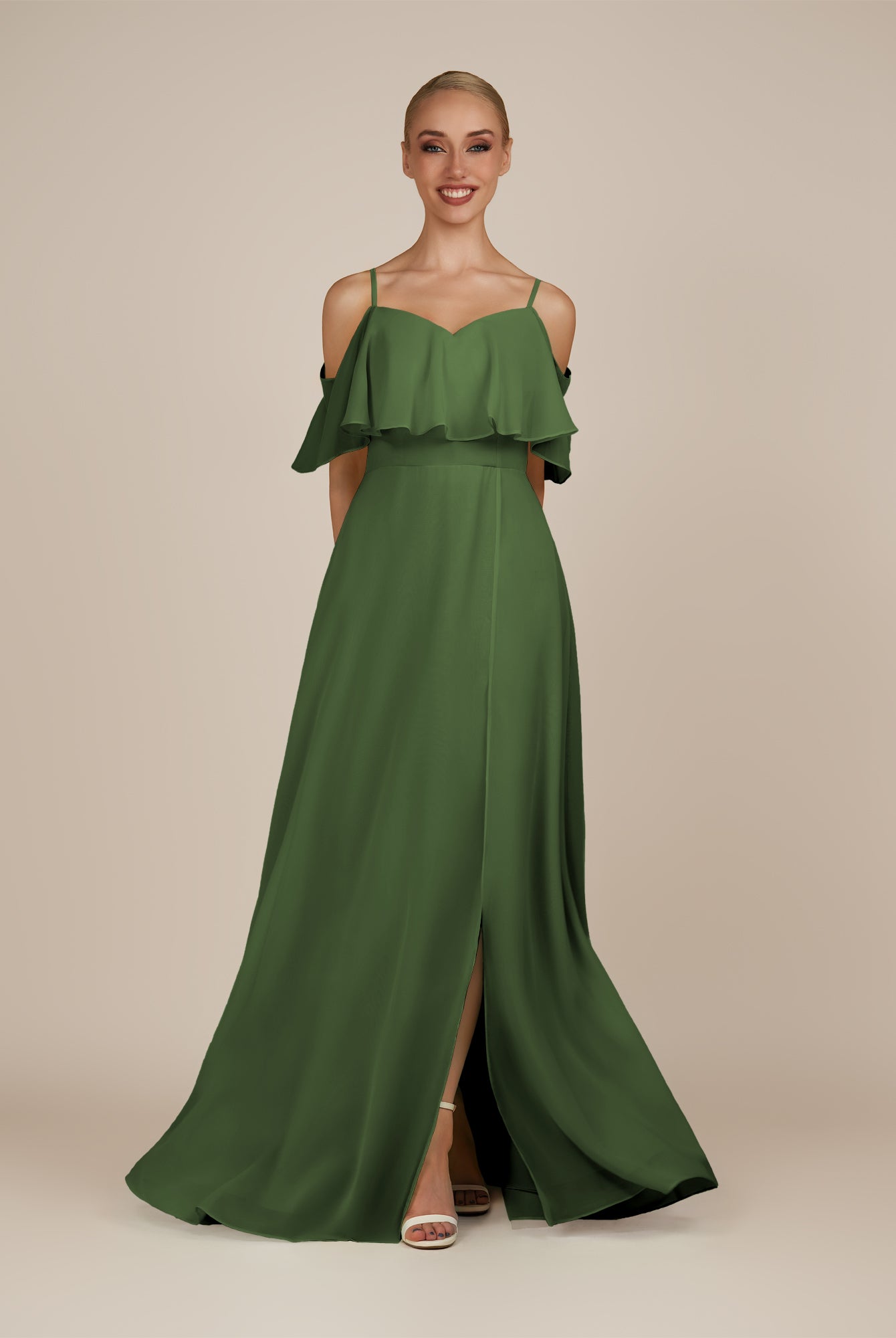 KissDress-Eira Moss A Line Chiffon Off the Shoulder Ruffled Overlay Long Bridesmaid Dress with Slit