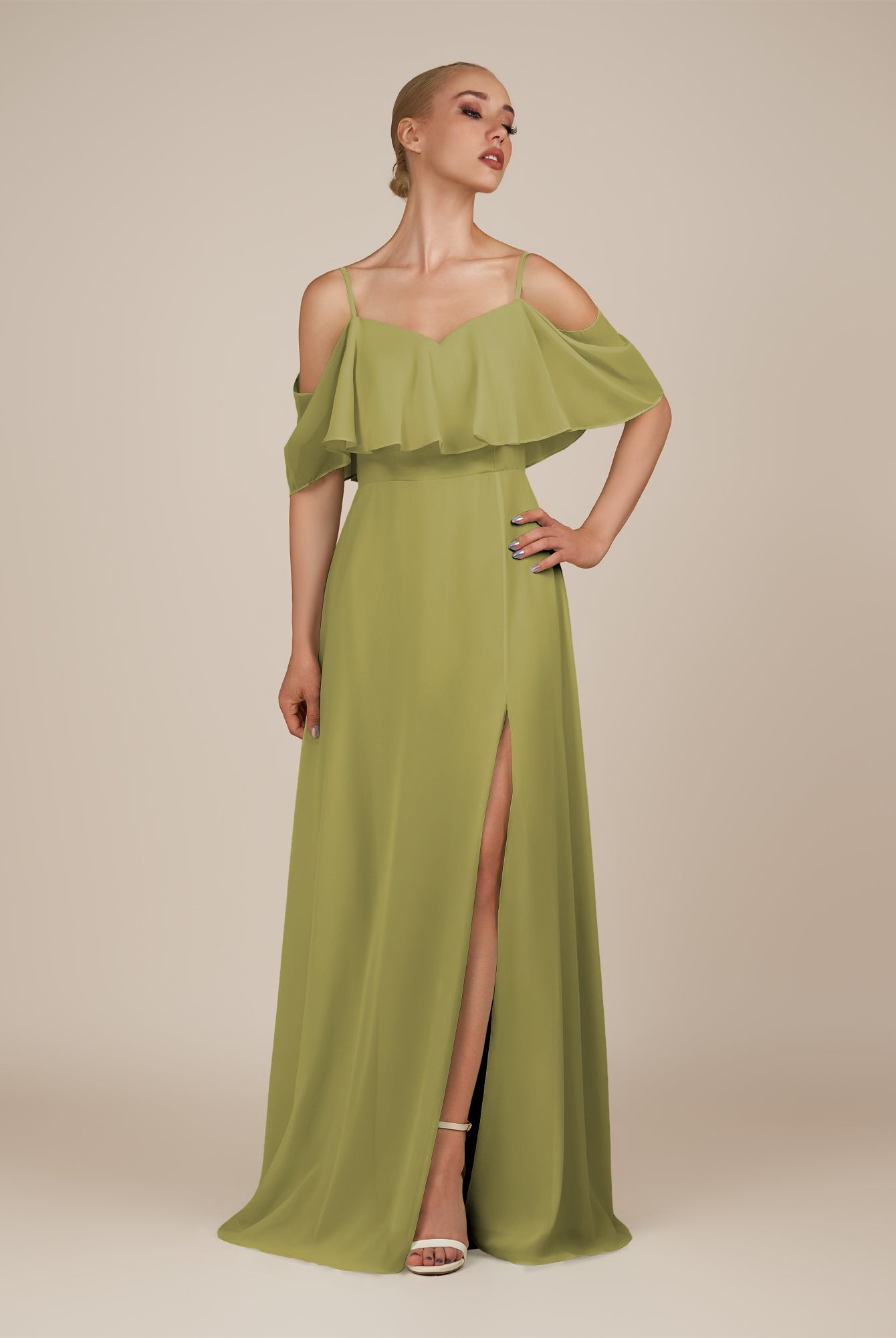 KissDress-Eira Moss Green A Line Chiffon Off the Shoulder Ruffled Overlay Long Bridesmaid Dress with Slit
