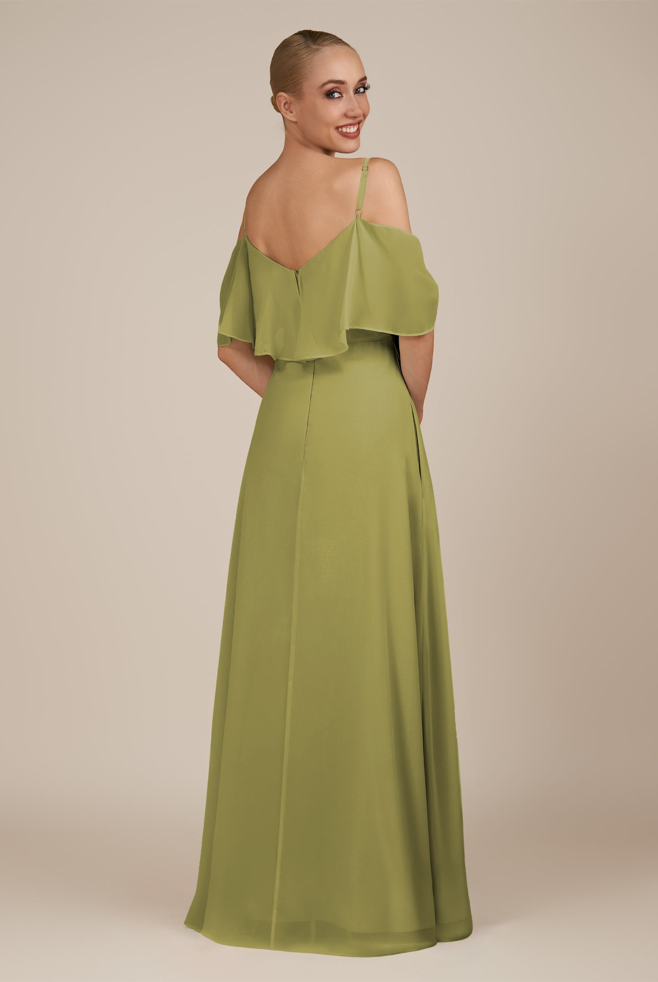KissDress-Eira Moss Green A Line Chiffon Off the Shoulder Ruffled Overlay Long Bridesmaid Dress with Slit