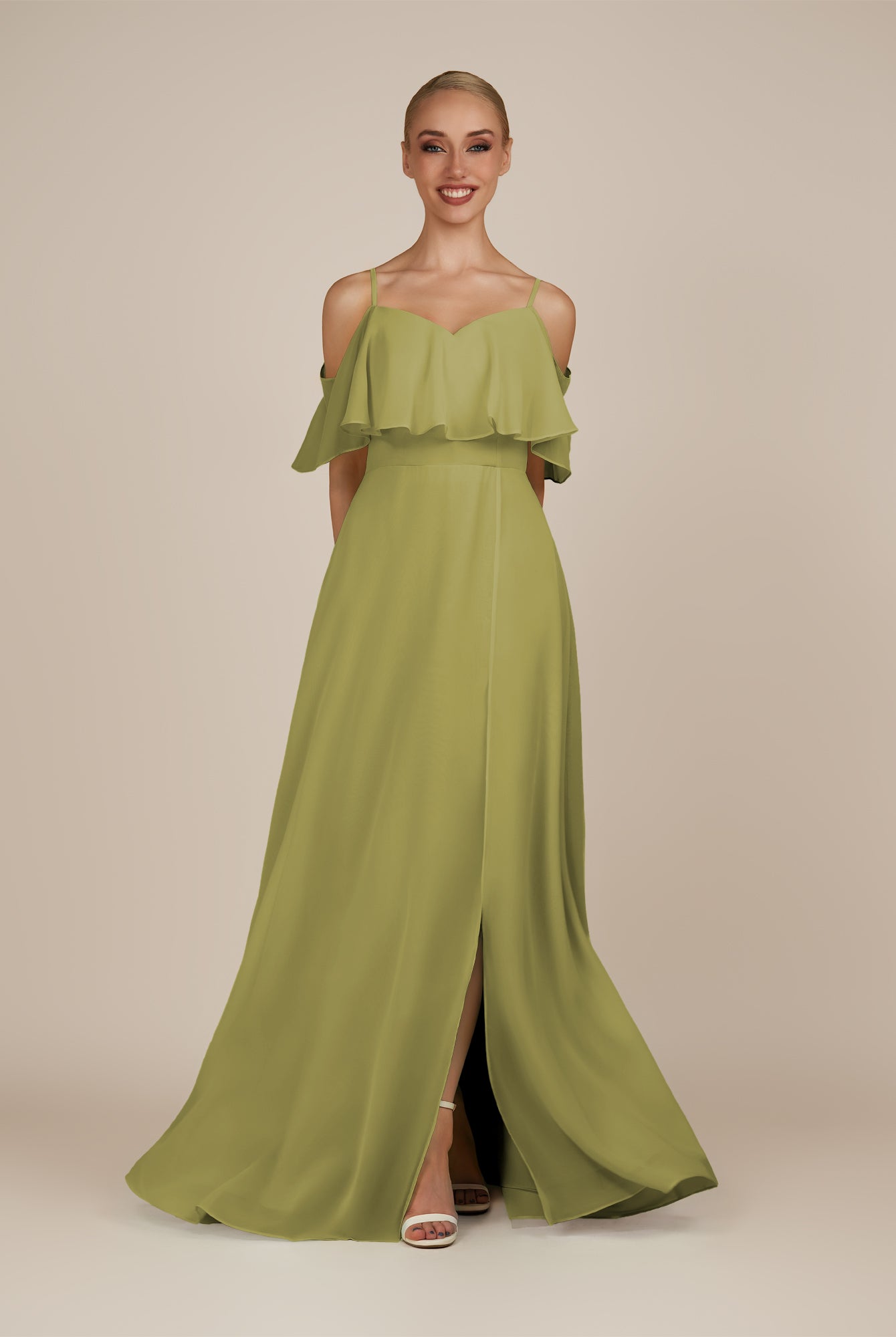 KissDress-Eira Moss Green A Line Chiffon Off the Shoulder Ruffled Overlay Long Bridesmaid Dress with Slit