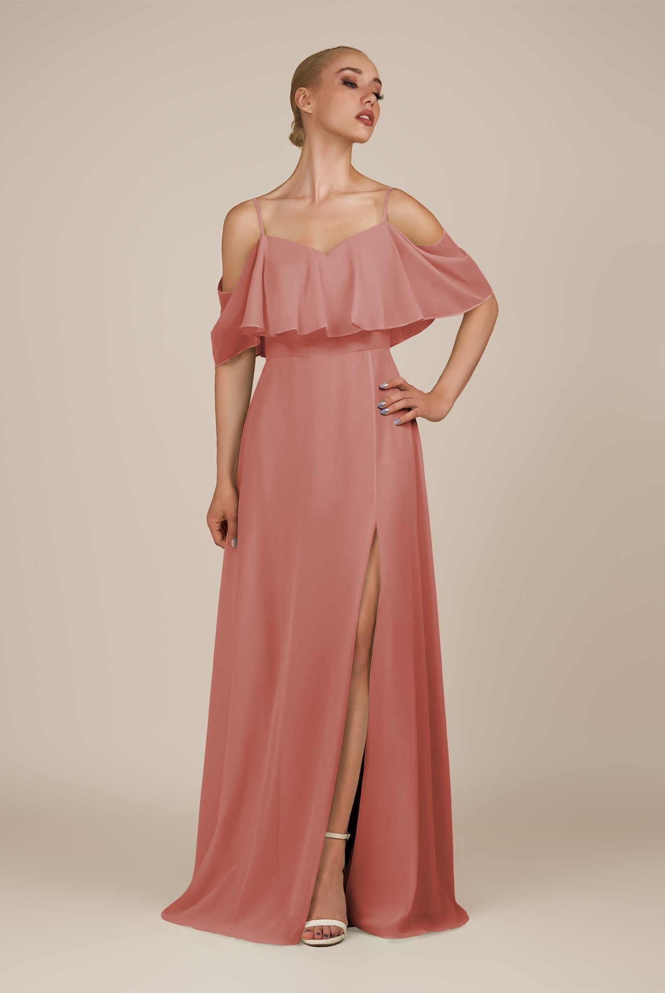 KissDress-Eira Mulberry A Line Chiffon Off the Shoulder Ruffled Overlay Long Bridesmaid Dress with Slit
