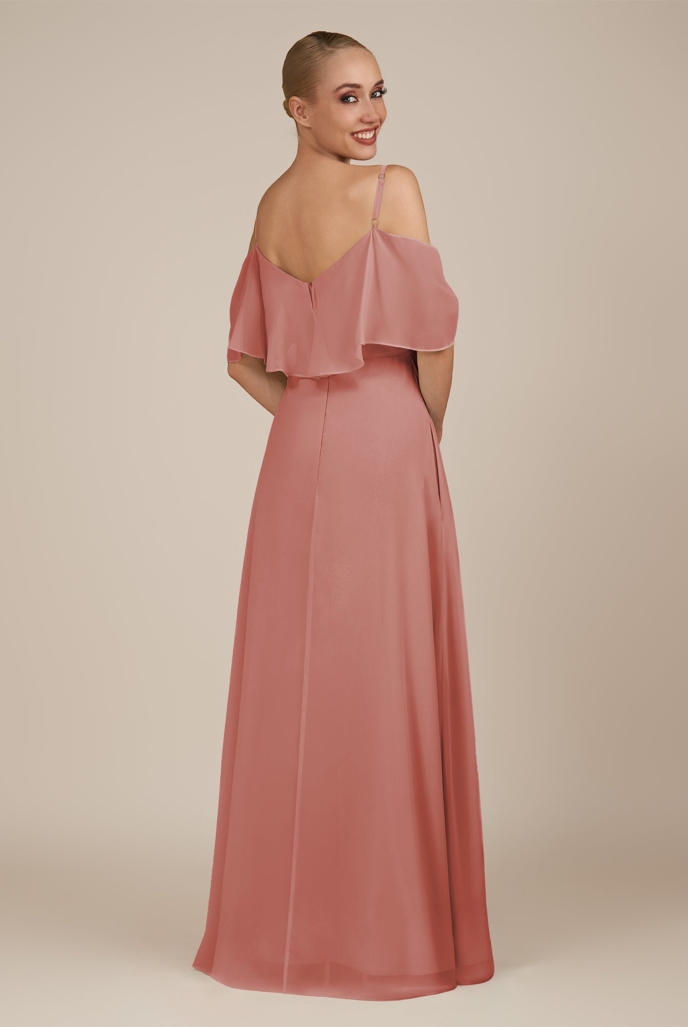 KissDress-Eira Mulberry A Line Chiffon Off the Shoulder Ruffled Overlay Long Bridesmaid Dress with Slit