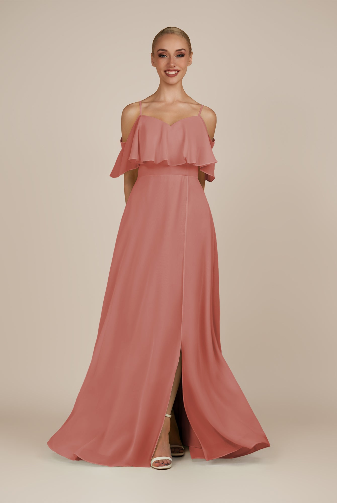 KissDress-Eira Mulberry A Line Chiffon Off the Shoulder Ruffled Overlay Long Bridesmaid Dress with Slit