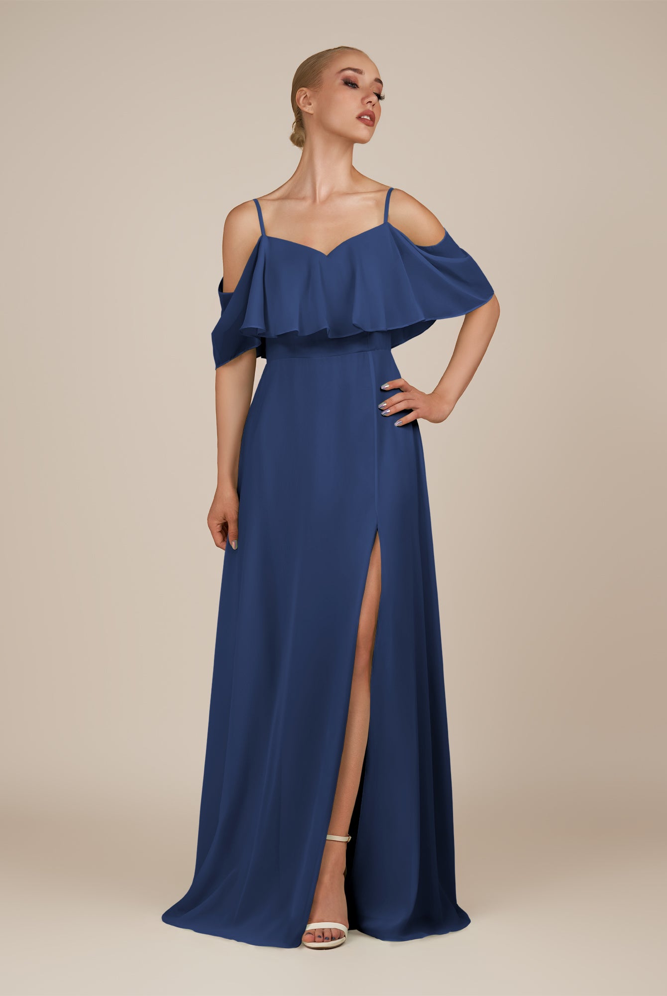 KissDress-Eira Navy A Line Chiffon Off the Shoulder Ruffled Overlay Long Bridesmaid Dress with Slit